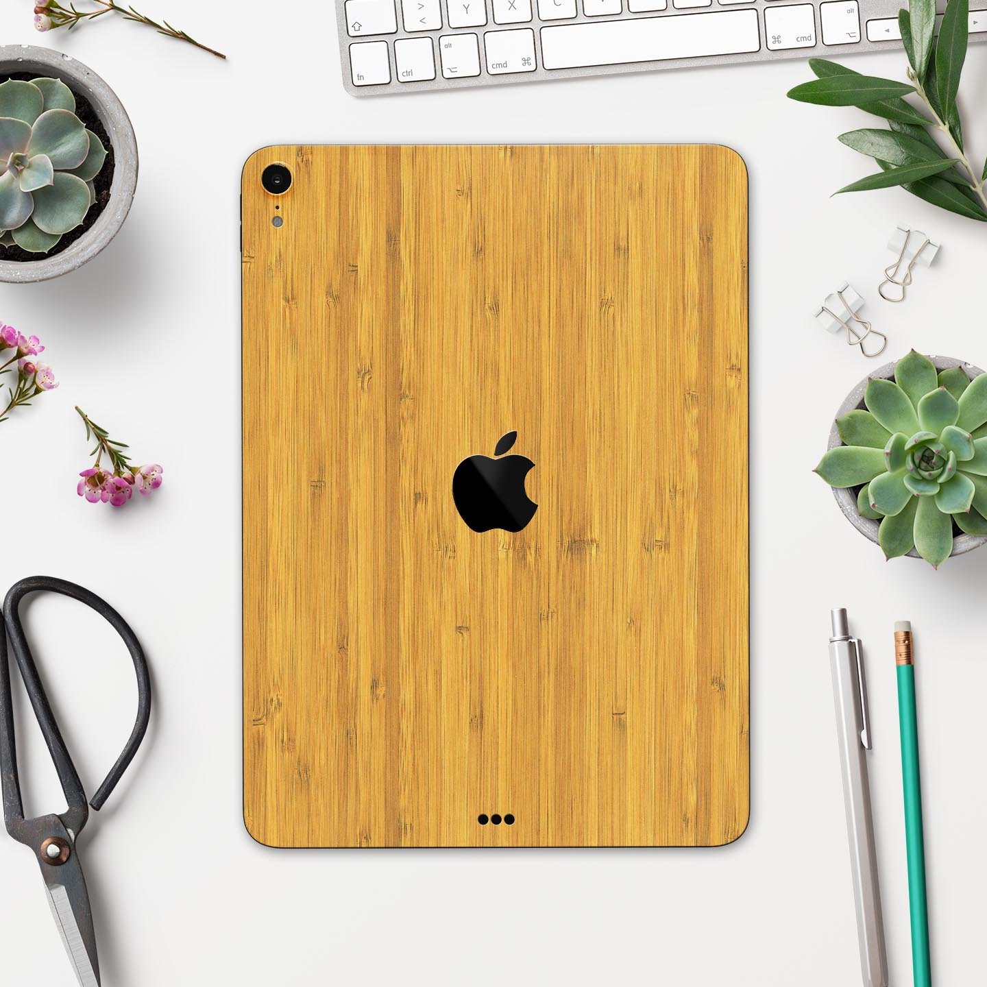 Real Light Bamboo Wood Full Body Skin Decal for Apple iPad Pro, showcasing its natural wood finish and ultra-thin design.