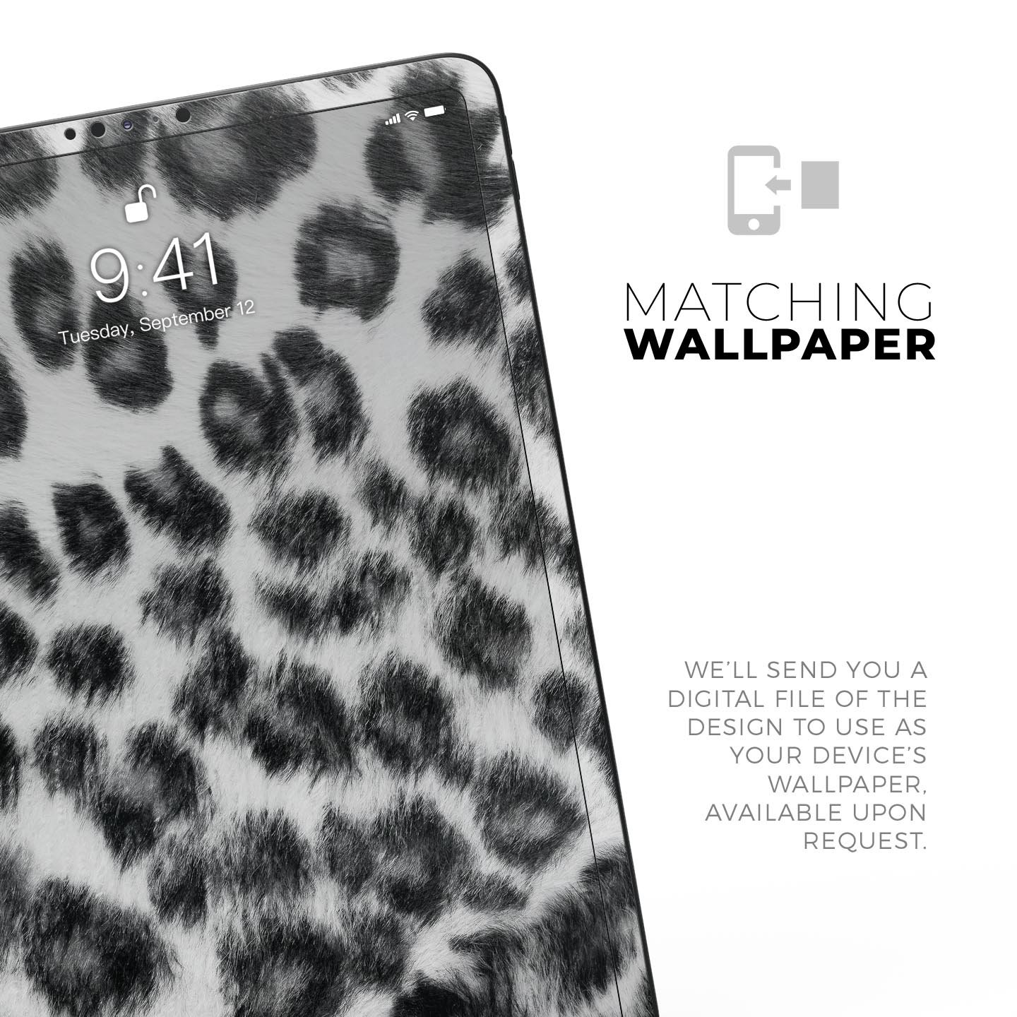 Real Snow Leopard Hide skin decal for Apple iPad Pro, showcasing premium 3M materials and elegant design.