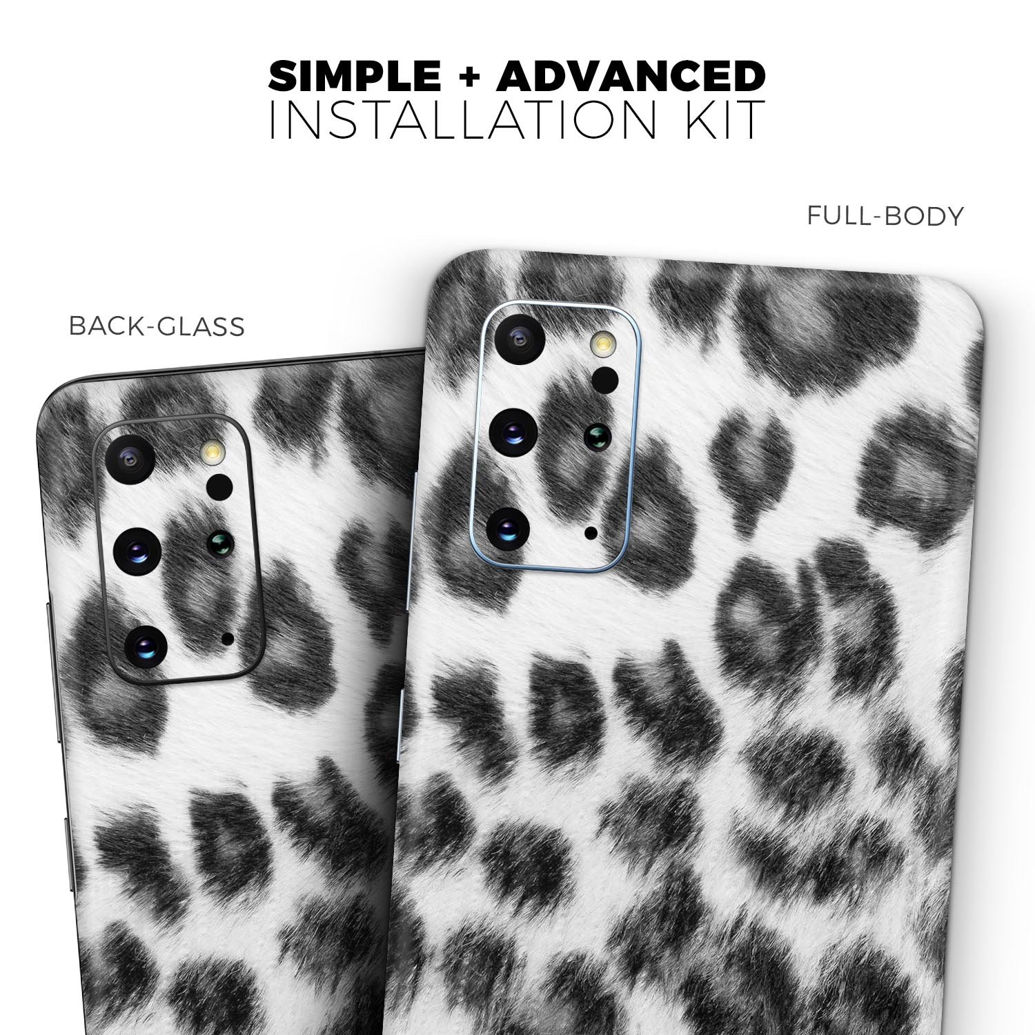 Real Snow Leopard Hide skin for Samsung Galaxy S20, showcasing its unique design and texture.