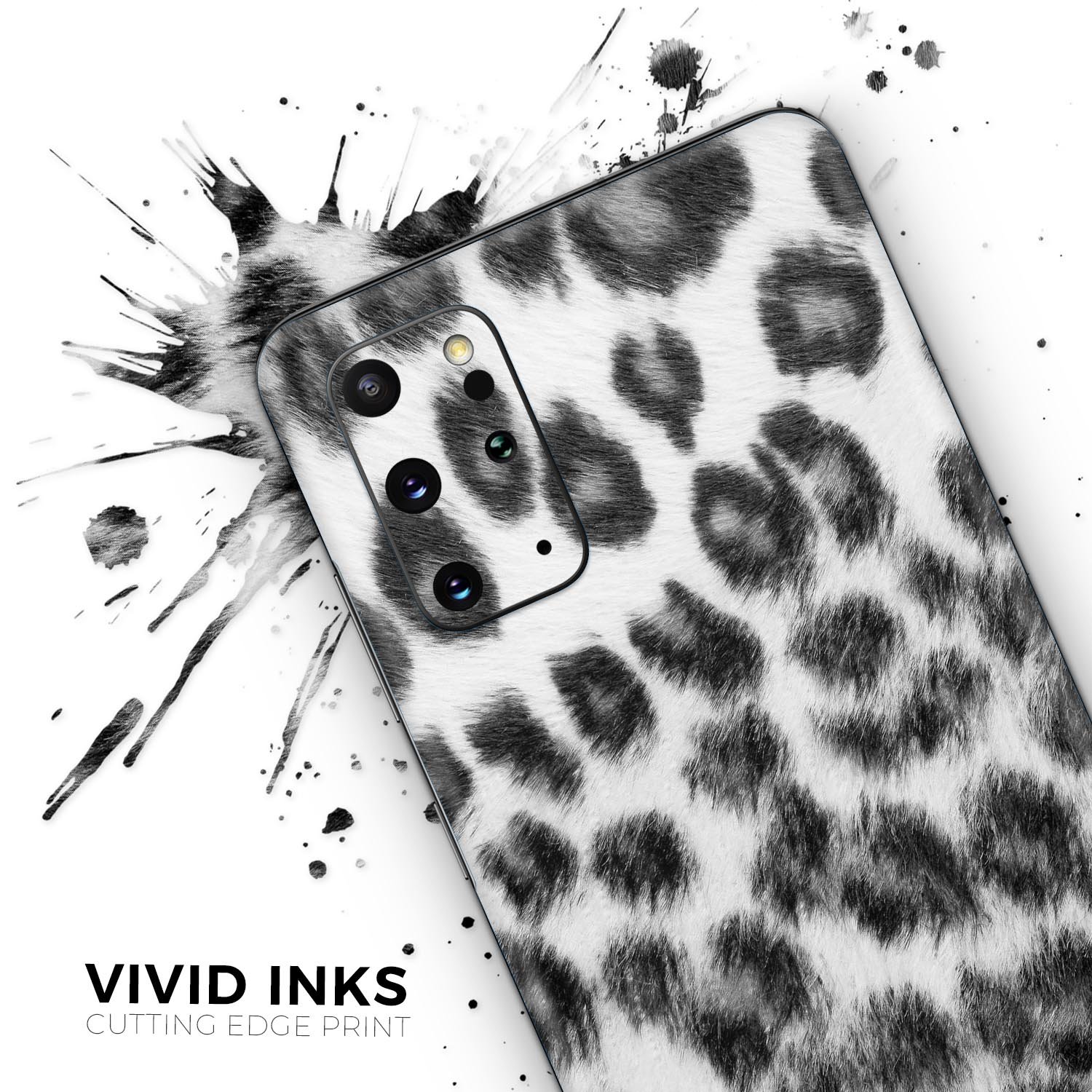 Real Snow Leopard Hide skin for Samsung Galaxy S20, showcasing its unique design and texture.