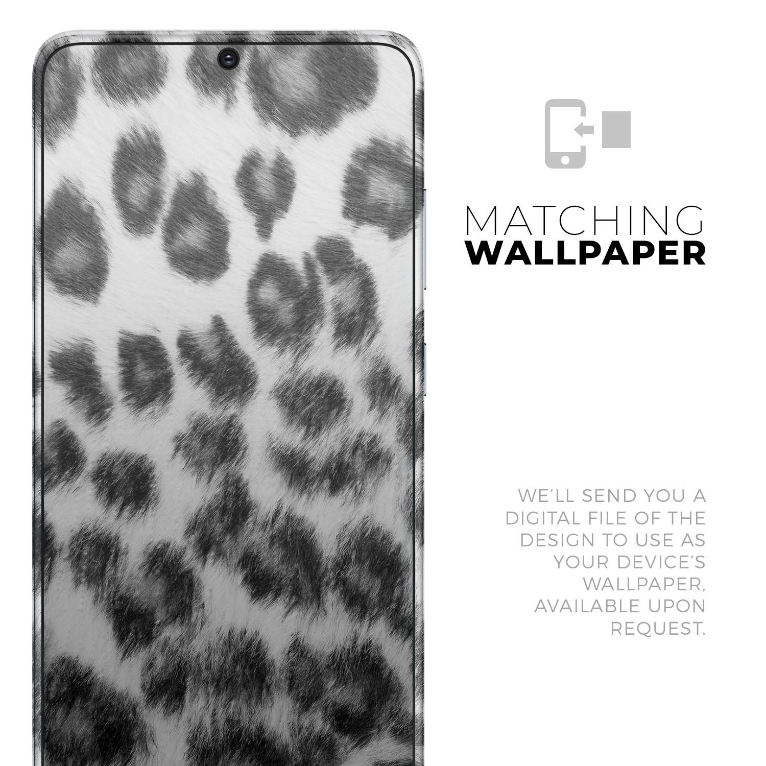 Real Snow Leopard Hide skin for Samsung Galaxy S20, showcasing its unique design and texture.