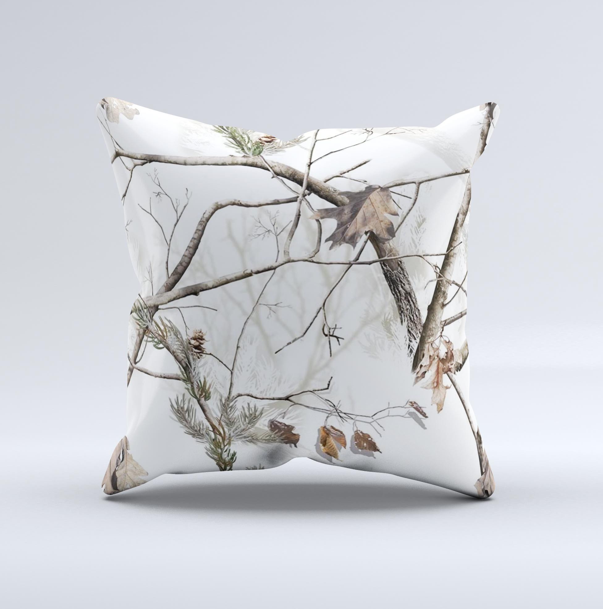 Real Winter Camouflage Ink-Fuzed Decorative Throw Pillow featuring a unique camouflage design, handcrafted in Virginia with high-quality materials.