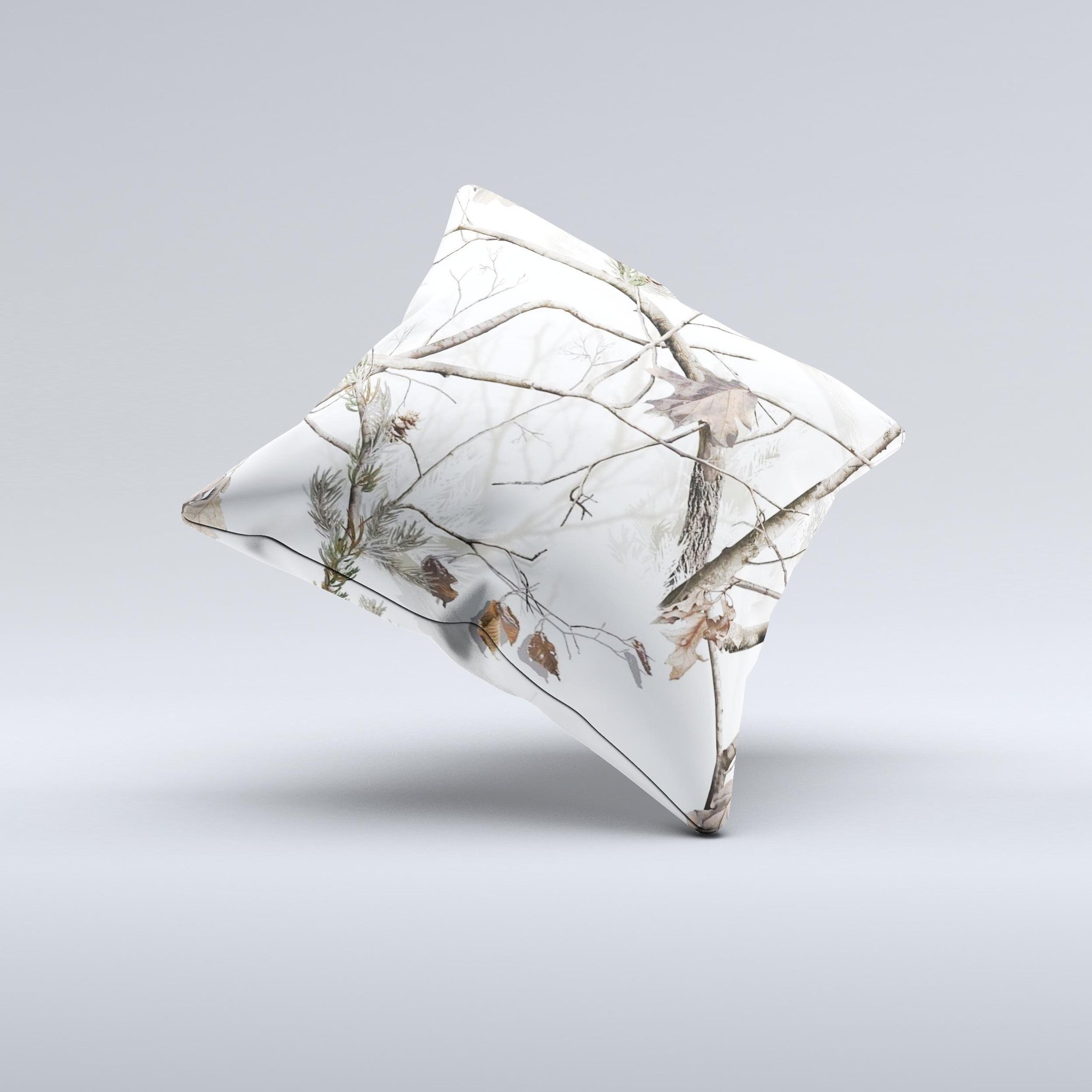 Real Winter Camouflage Ink-Fuzed Decorative Throw Pillow featuring a unique camouflage design, handcrafted in Virginia with high-quality materials.