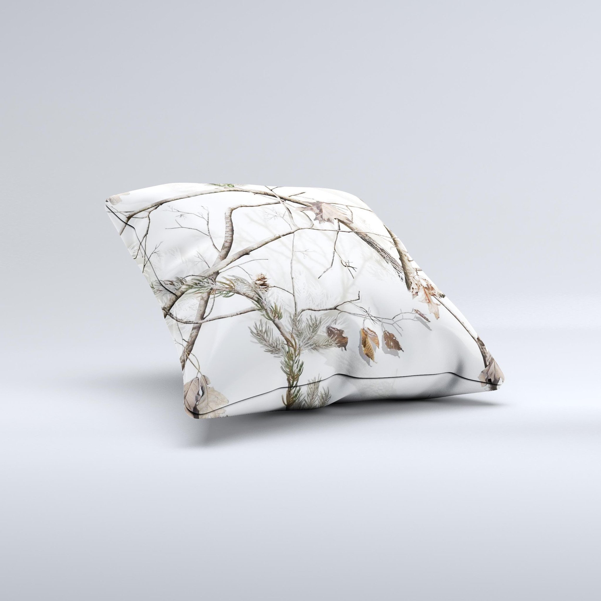 Real Winter Camouflage Ink-Fuzed Decorative Throw Pillow featuring a unique camouflage design, handcrafted in Virginia with high-quality materials.