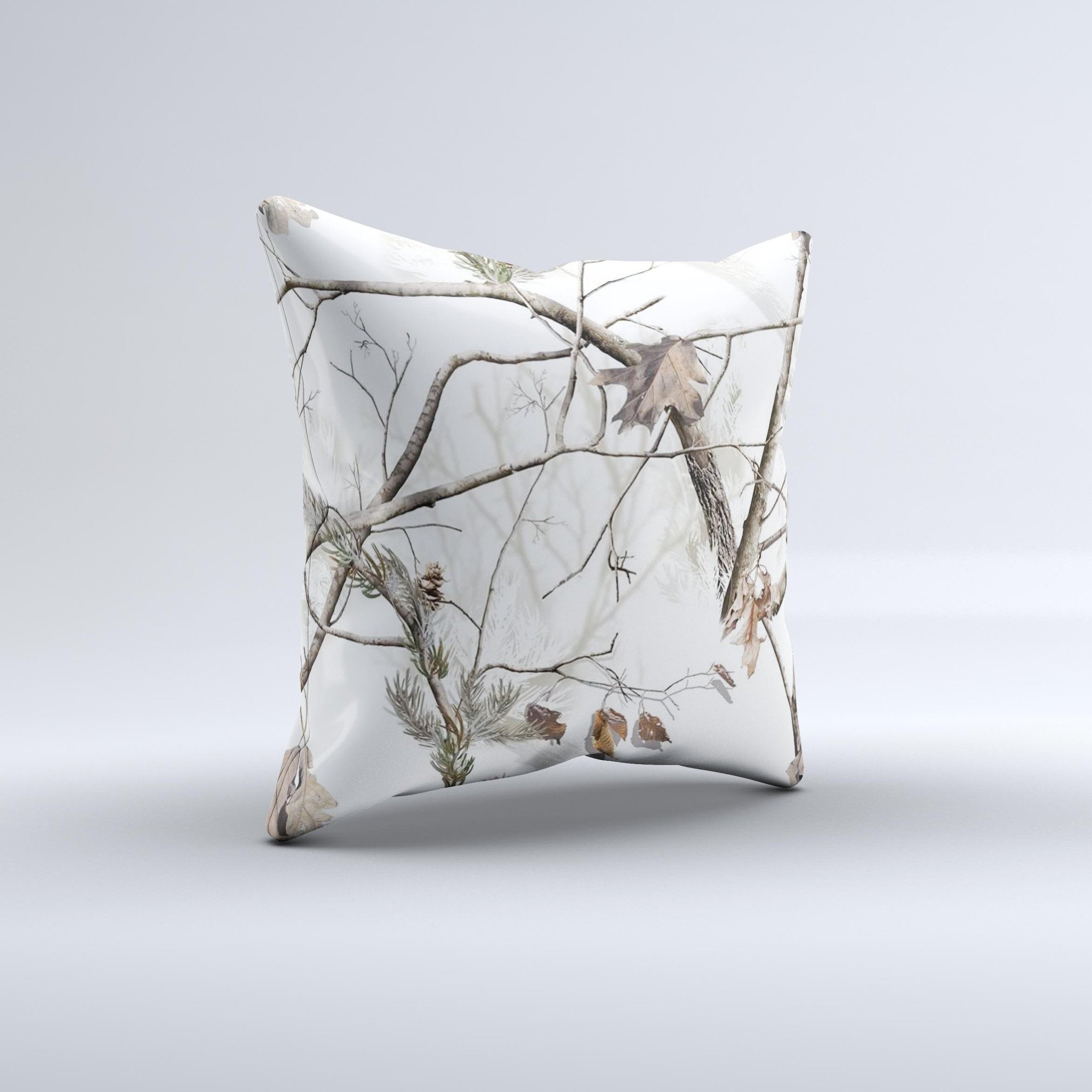 Real Winter Camouflage Ink-Fuzed Decorative Throw Pillow featuring a unique camouflage design, handcrafted in Virginia with high-quality materials.