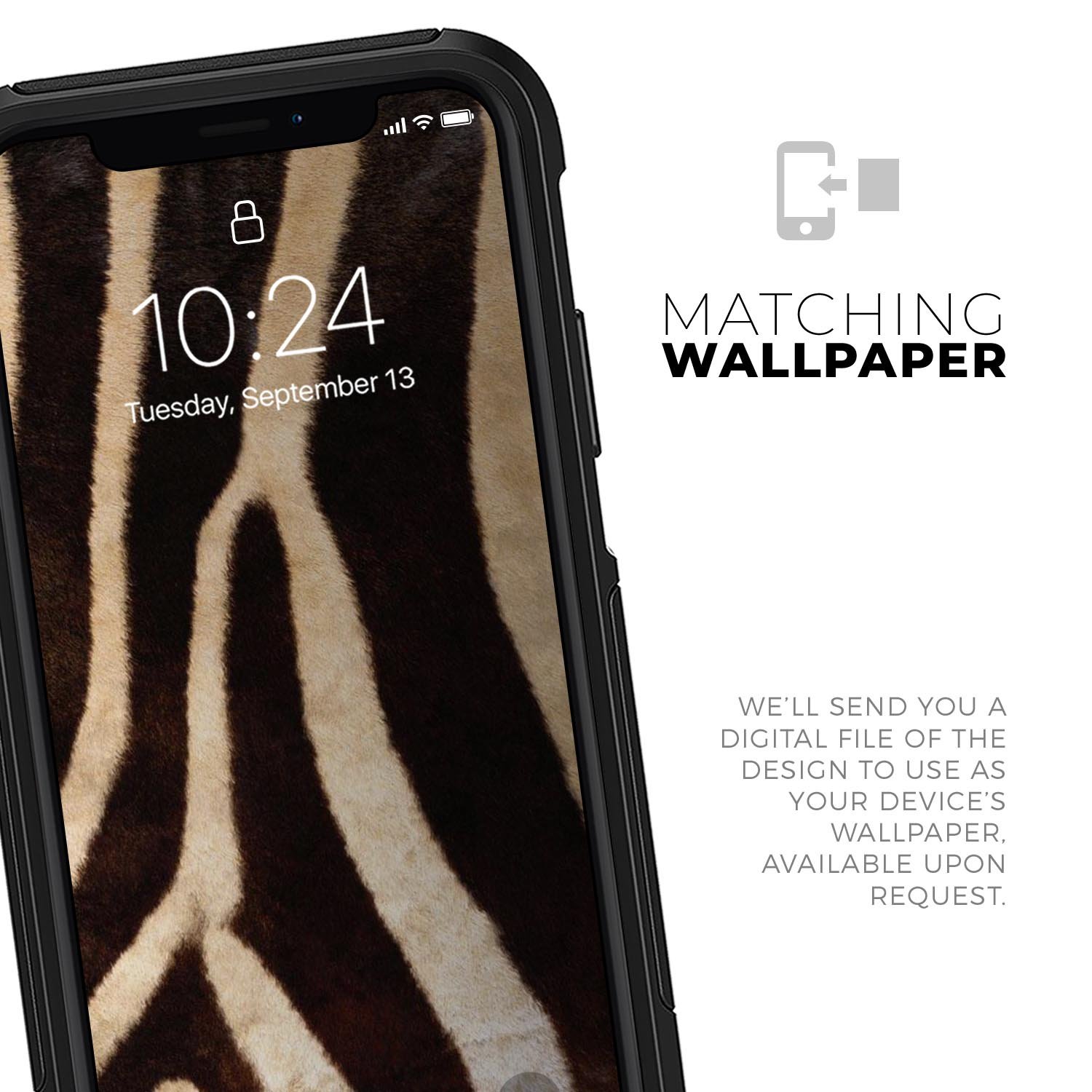 Real Zebra Print Texture Skin Kit for iPhone OtterBox Cases, showcasing a stylish zebra pattern on a sleek surface.