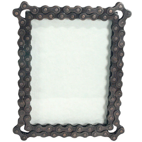 Rectangular photo frame made from recycled bicycle chains, showcasing a rustic and eco-friendly design.