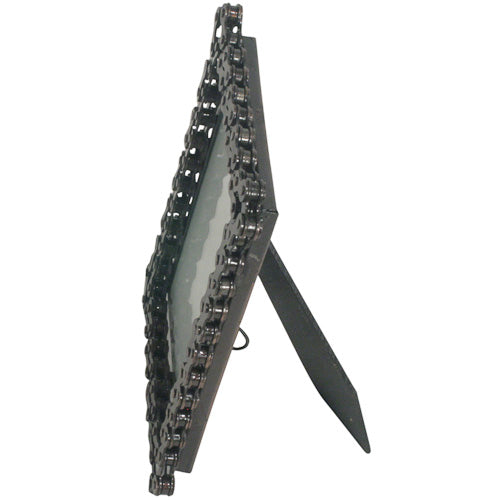 Rectangular photo frame made from recycled bicycle chains, showcasing a rustic and eco-friendly design.