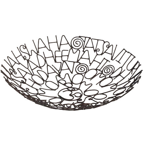 A beautifully handcrafted Recycled Metal Word Bowl featuring the Gayatri Mantra, made from recycled bicycle spokes, showcasing intricate design.