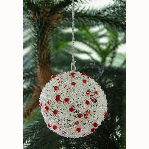 Colorful Recycled Wire Ball Ornament handmade in India, showcasing intricate wire and bead design.