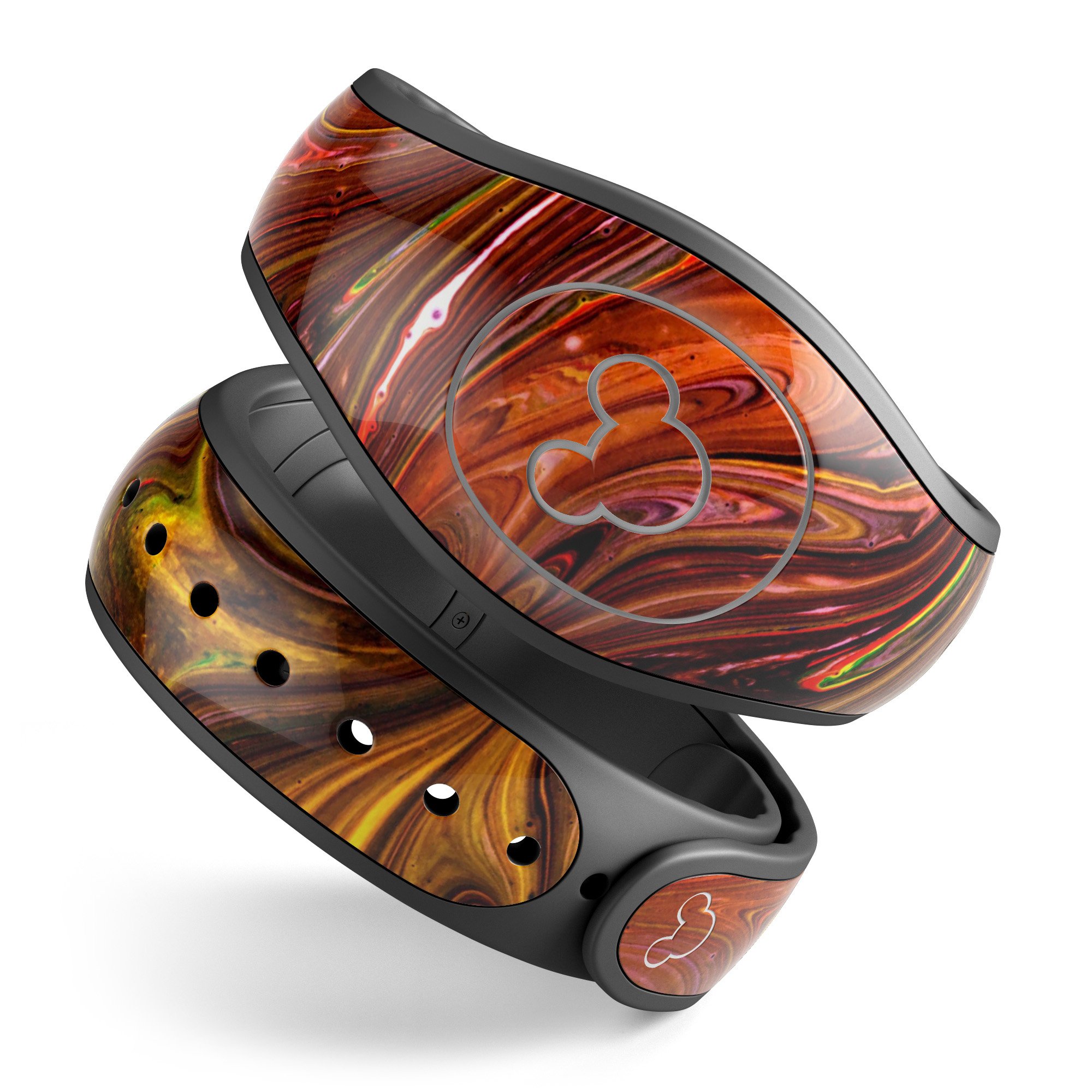 Red Acrylic Swirl decal skin wrap kit designed for Disney Magic Band, showcasing vibrant colors and a stylish pattern.