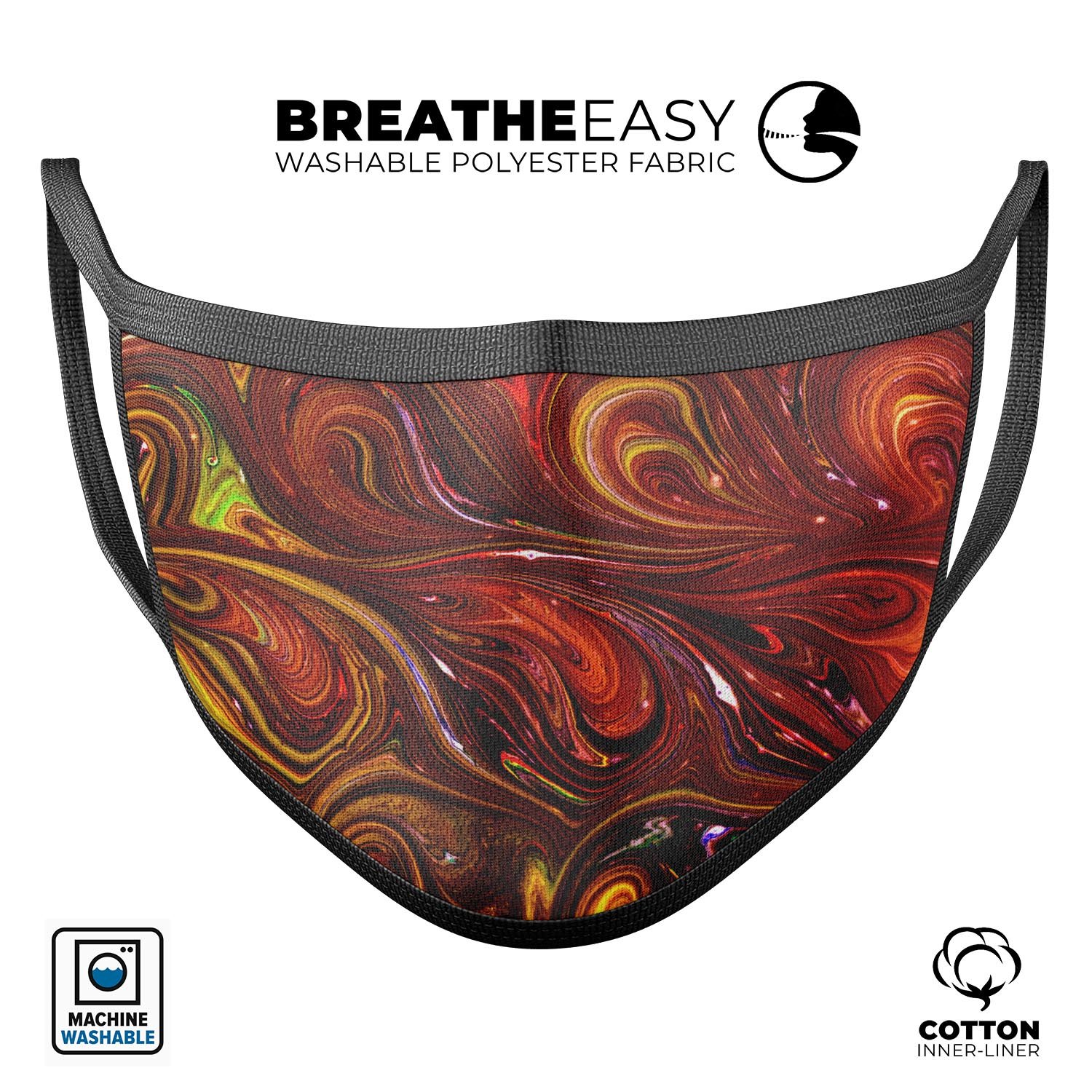 Red Acrylic Swirl mouth cover, a stylish and comfortable anti-dust cotton mask made in the USA, featuring adjustable ear loops for a perfect fit.