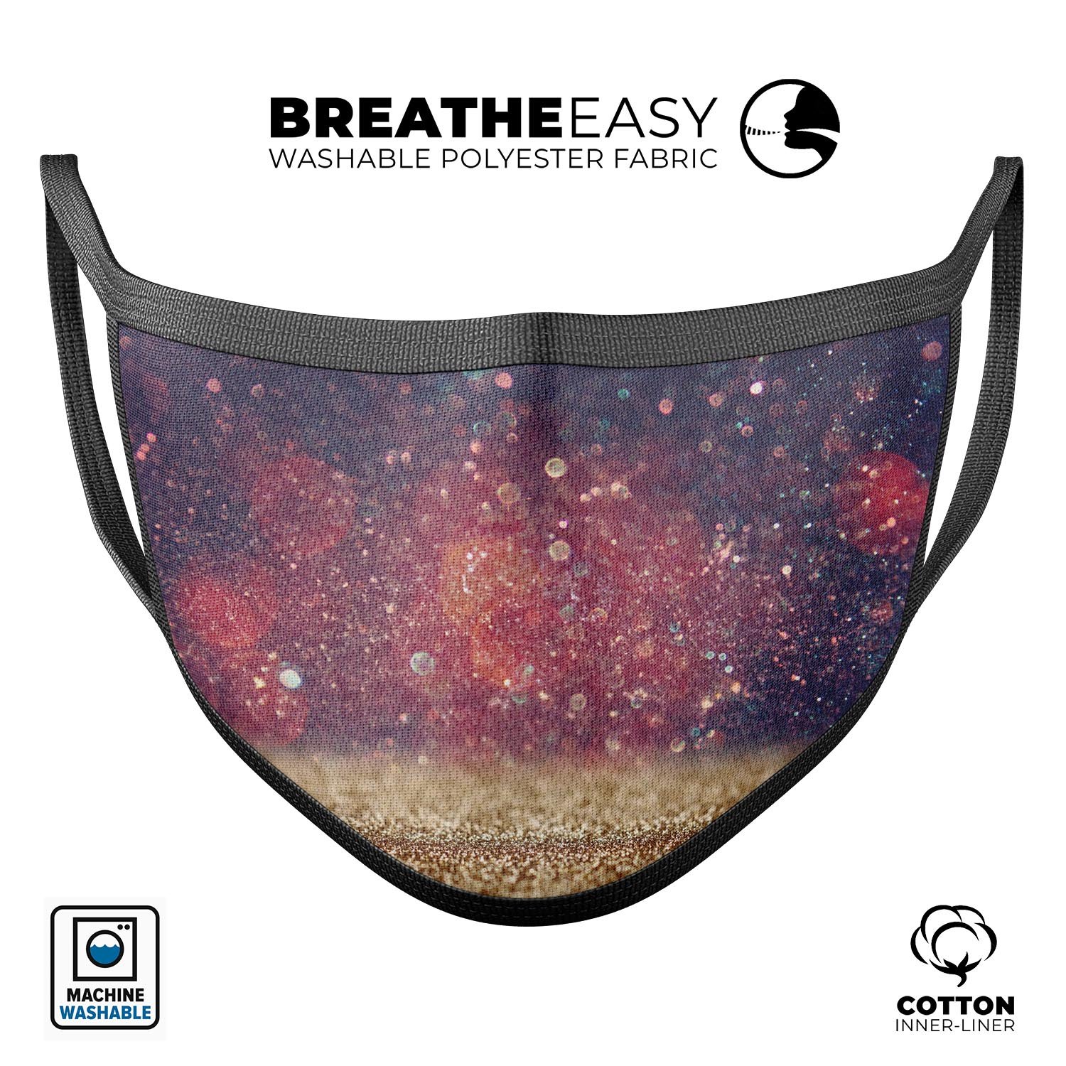 Red and blue unfocused orbs design on a reusable mouth cover, showcasing adjustable ear loops and soft cotton material.