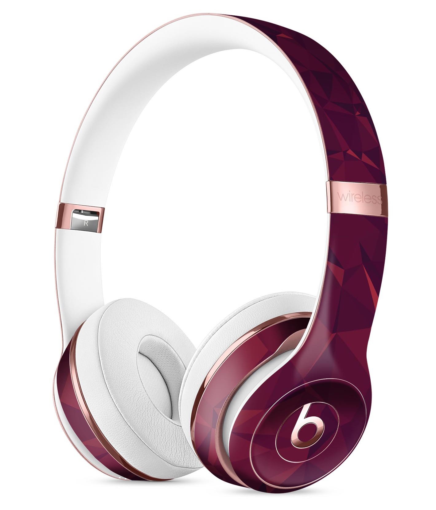 Red and Burgundy Geometric Shapes Full-Body Skin Kit for Beats by Dre Solo 3 Wireless Headphones, showcasing vibrant colors and precise cut.