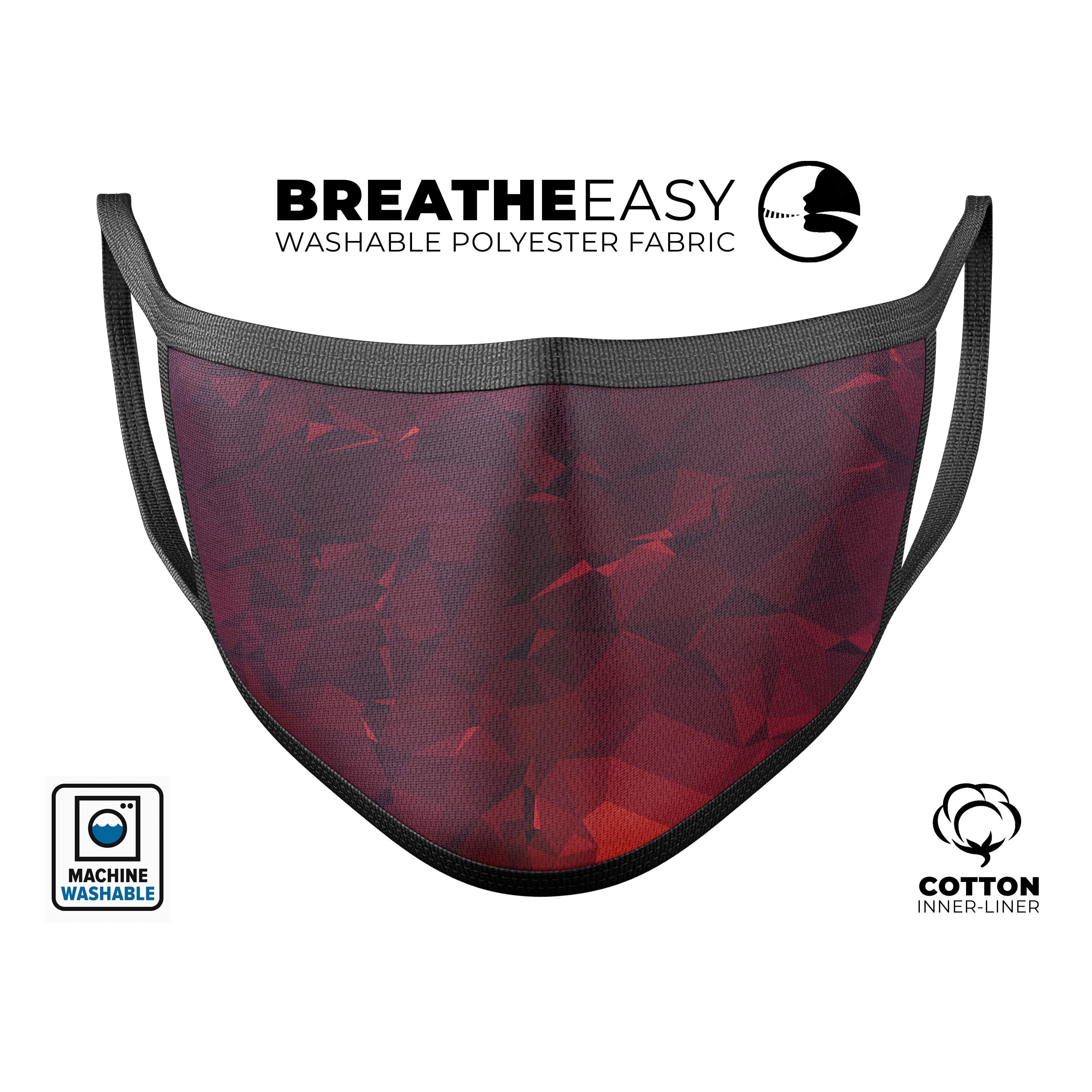 Red and burgundy geometric shapes mouth cover, showcasing adjustable ear-loops and soft cotton interior, made in the USA.