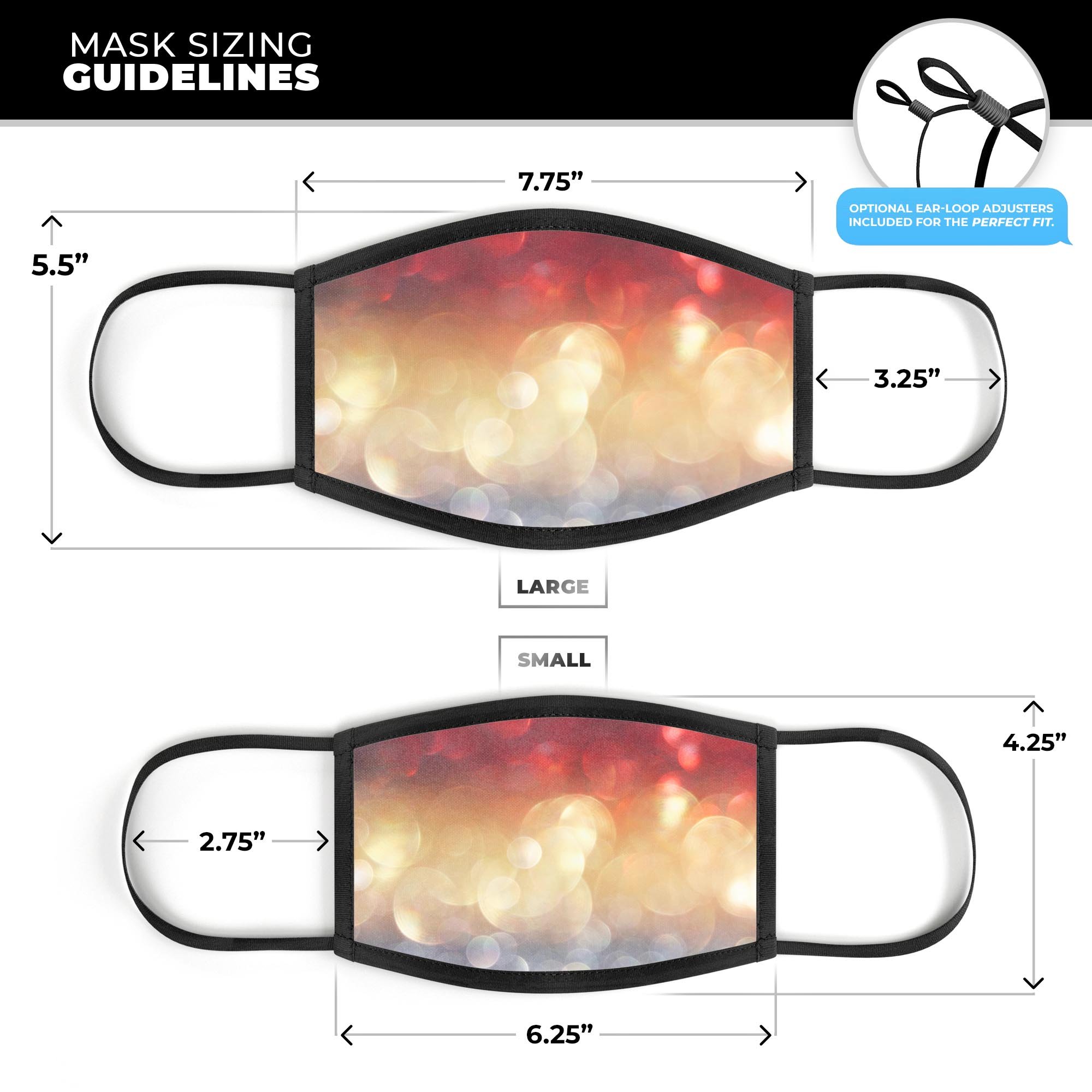 Red and Gold Unfocused Glowing Orbs face mask, showcasing vibrant colors and a 3D design, made in the USA.