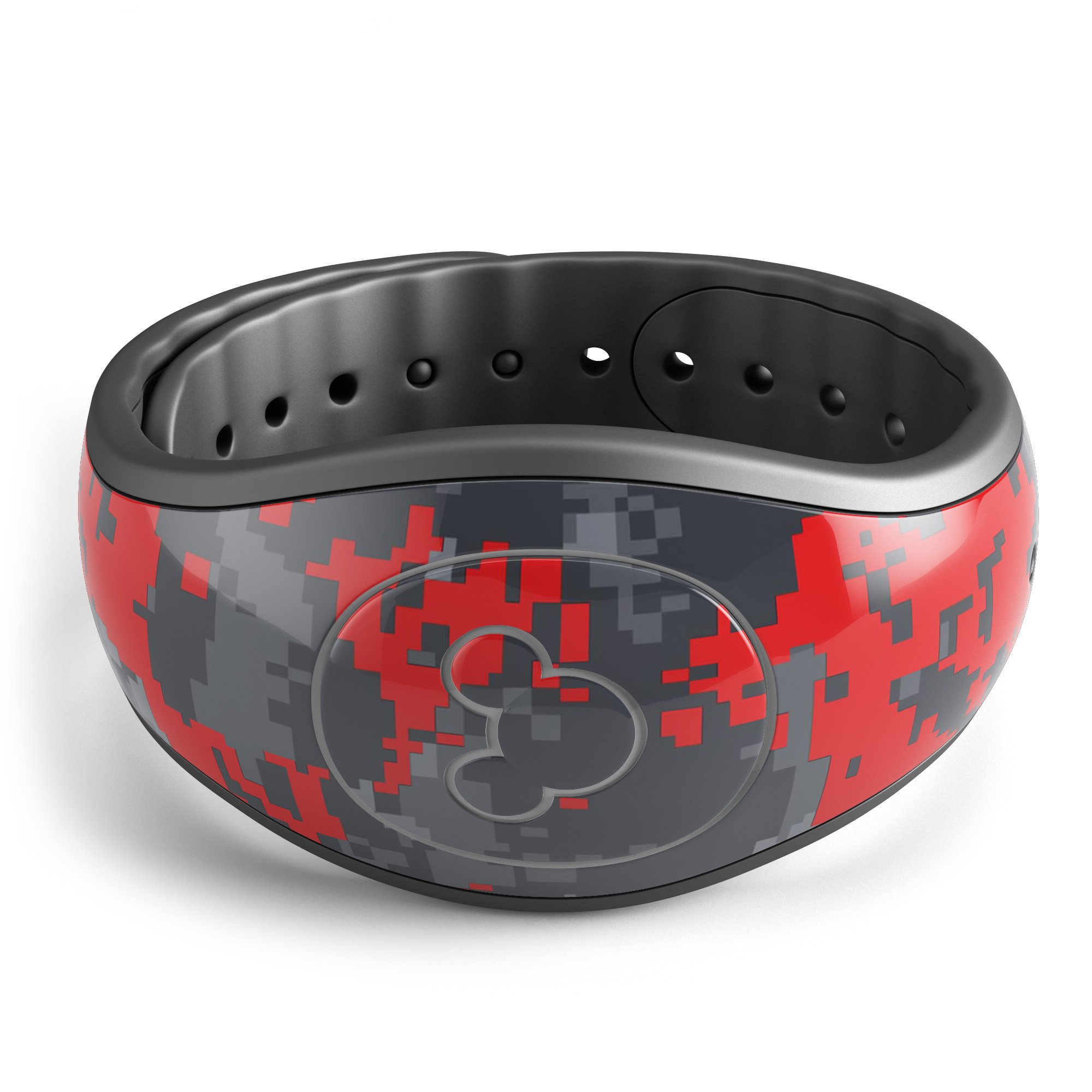 Red and gray digital camouflage decal skin wrap kit designed for Disney Magic Band, showcasing a stylish and protective design.