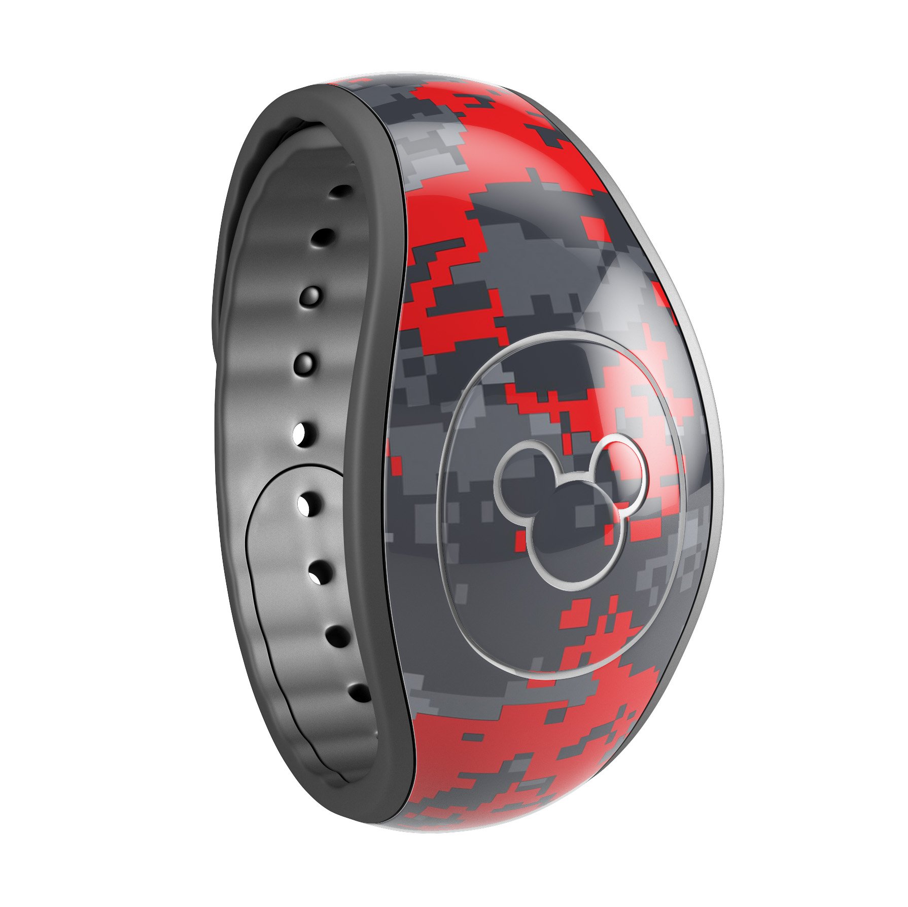Red and gray digital camouflage decal skin wrap kit designed for Disney Magic Band, showcasing a stylish and protective design.