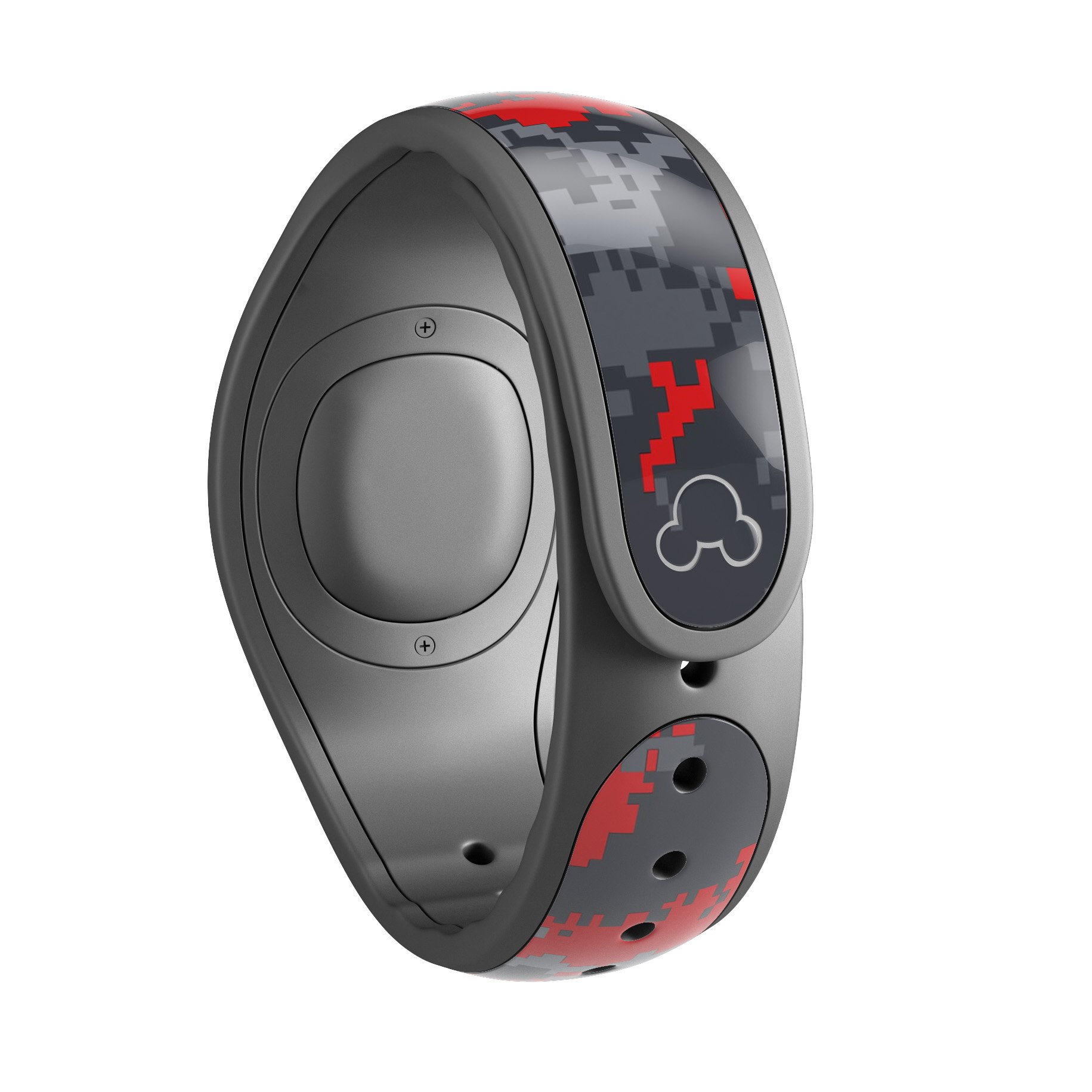 Red and gray digital camouflage decal skin wrap kit designed for Disney Magic Band, showcasing a stylish and protective design.