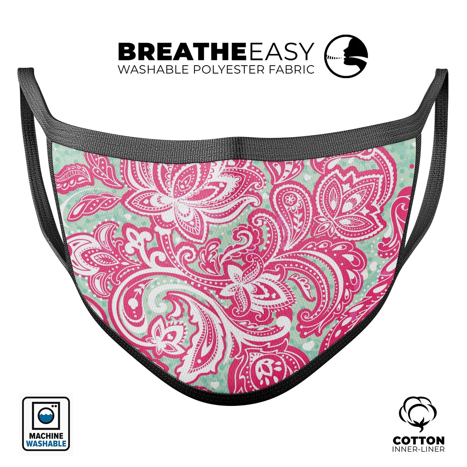 Red and Green Floral Ethnic mouth cover, showcasing vibrant floral patterns on a comfortable 3D design, made in the USA.