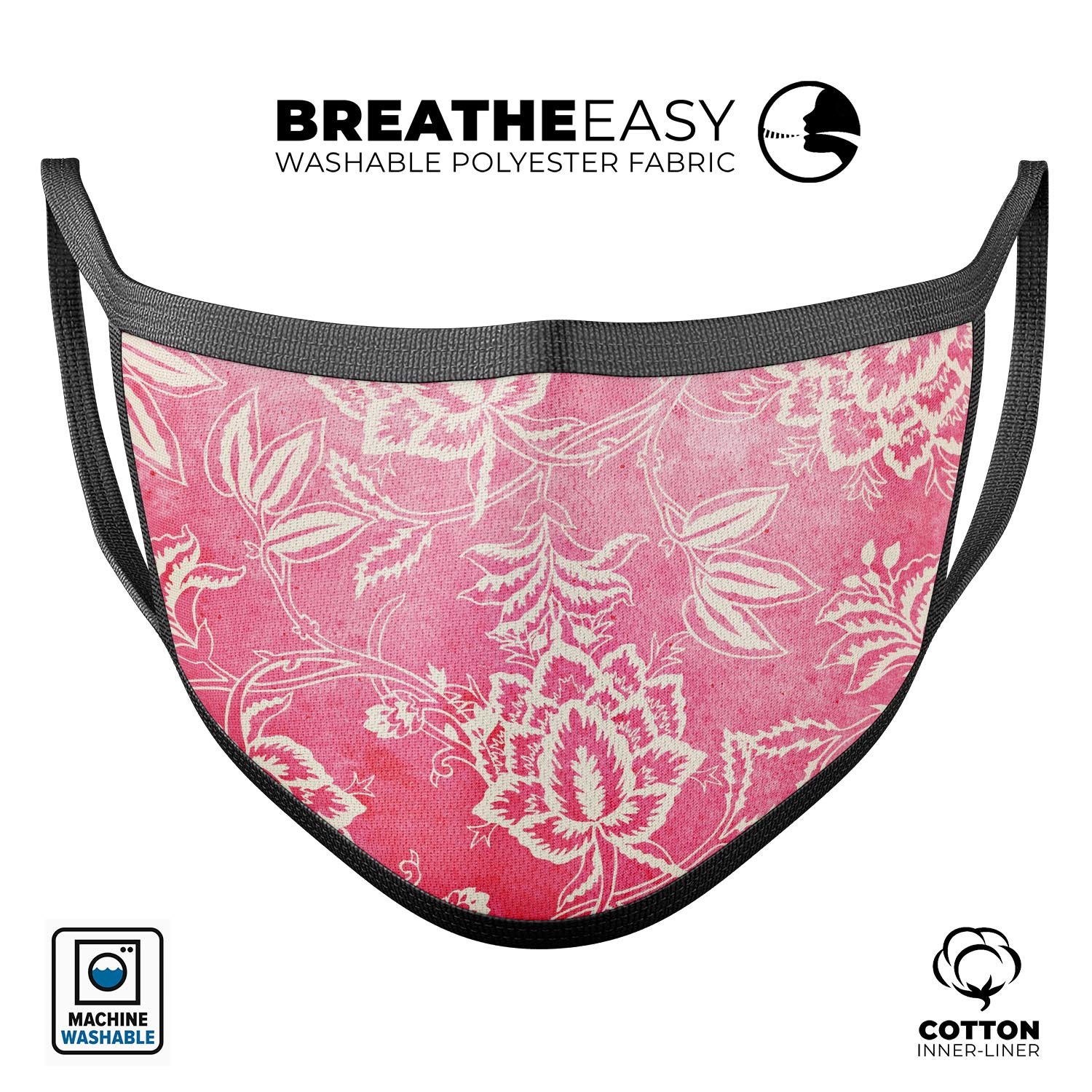 Red and white floral damask pattern mouth cover, showcasing a stylish design with adjustable ear loops for a comfortable fit.