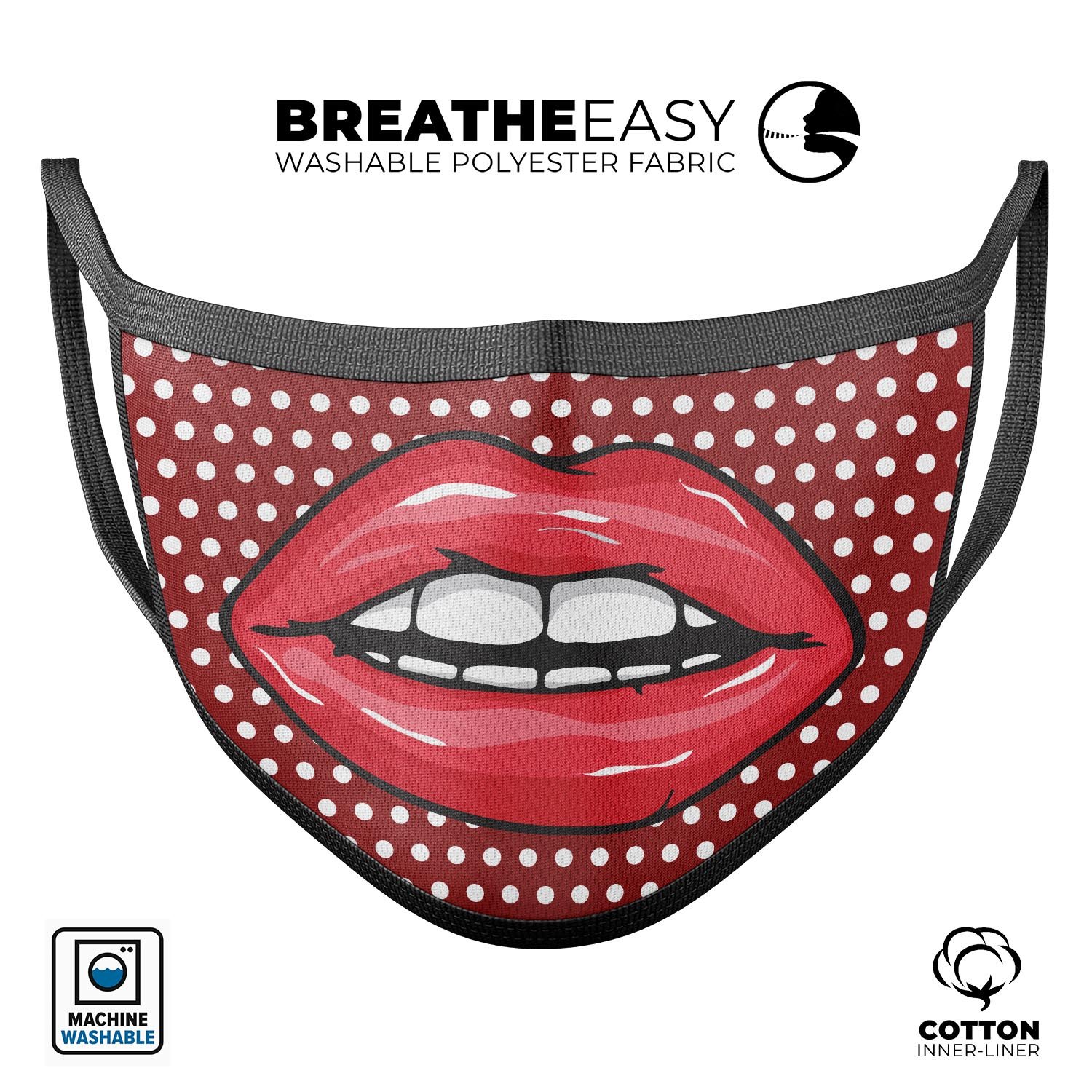 Red and white polka dot face mask with luscious lips design, made in the USA, showcasing adjustable ear loops and soft cotton material.