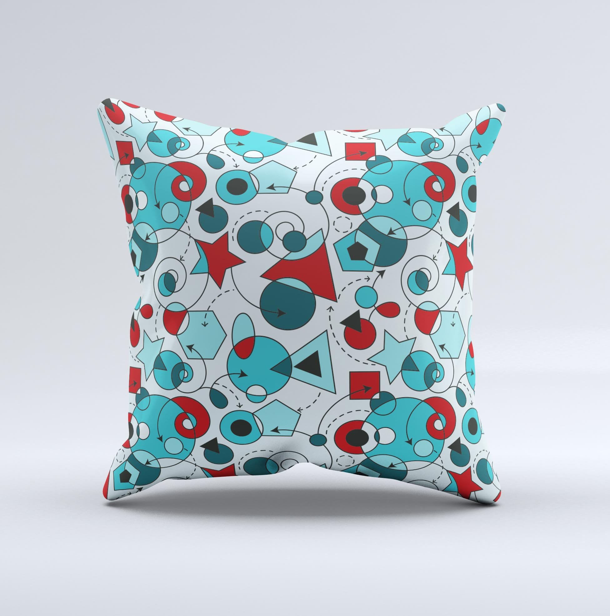 A vibrant Red & Blue Abstract Shapes Ink-Fuzed Decorative Throw Pillow showcasing unique hand-produced graphics, perfect for home decor.