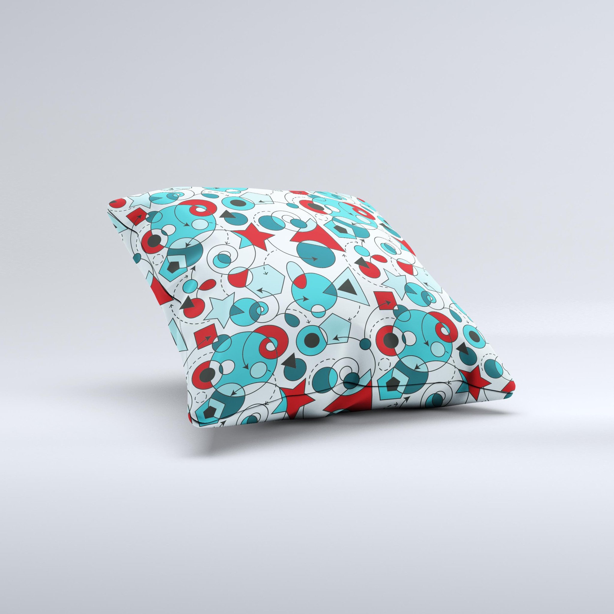 A vibrant Red & Blue Abstract Shapes Ink-Fuzed Decorative Throw Pillow showcasing unique hand-produced graphics, perfect for home decor.