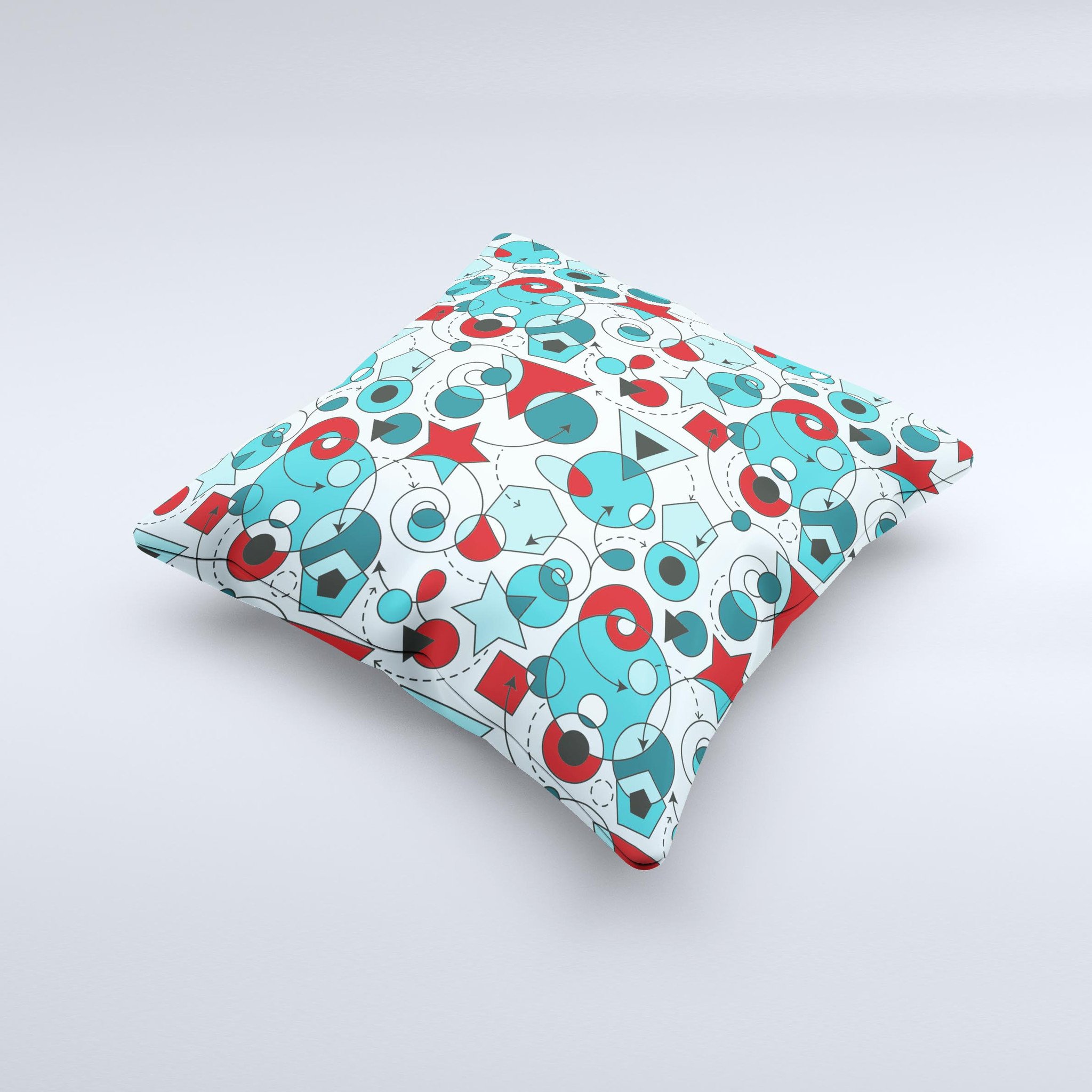 A vibrant Red & Blue Abstract Shapes Ink-Fuzed Decorative Throw Pillow showcasing unique hand-produced graphics, perfect for home decor.