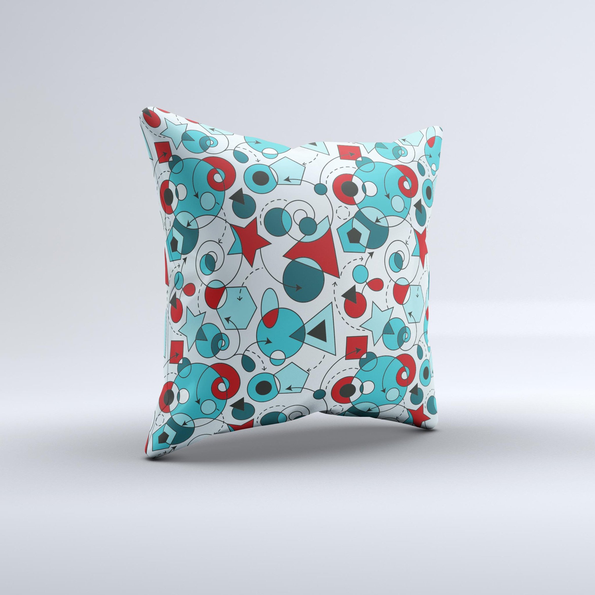 A vibrant Red & Blue Abstract Shapes Ink-Fuzed Decorative Throw Pillow showcasing unique hand-produced graphics, perfect for home decor.