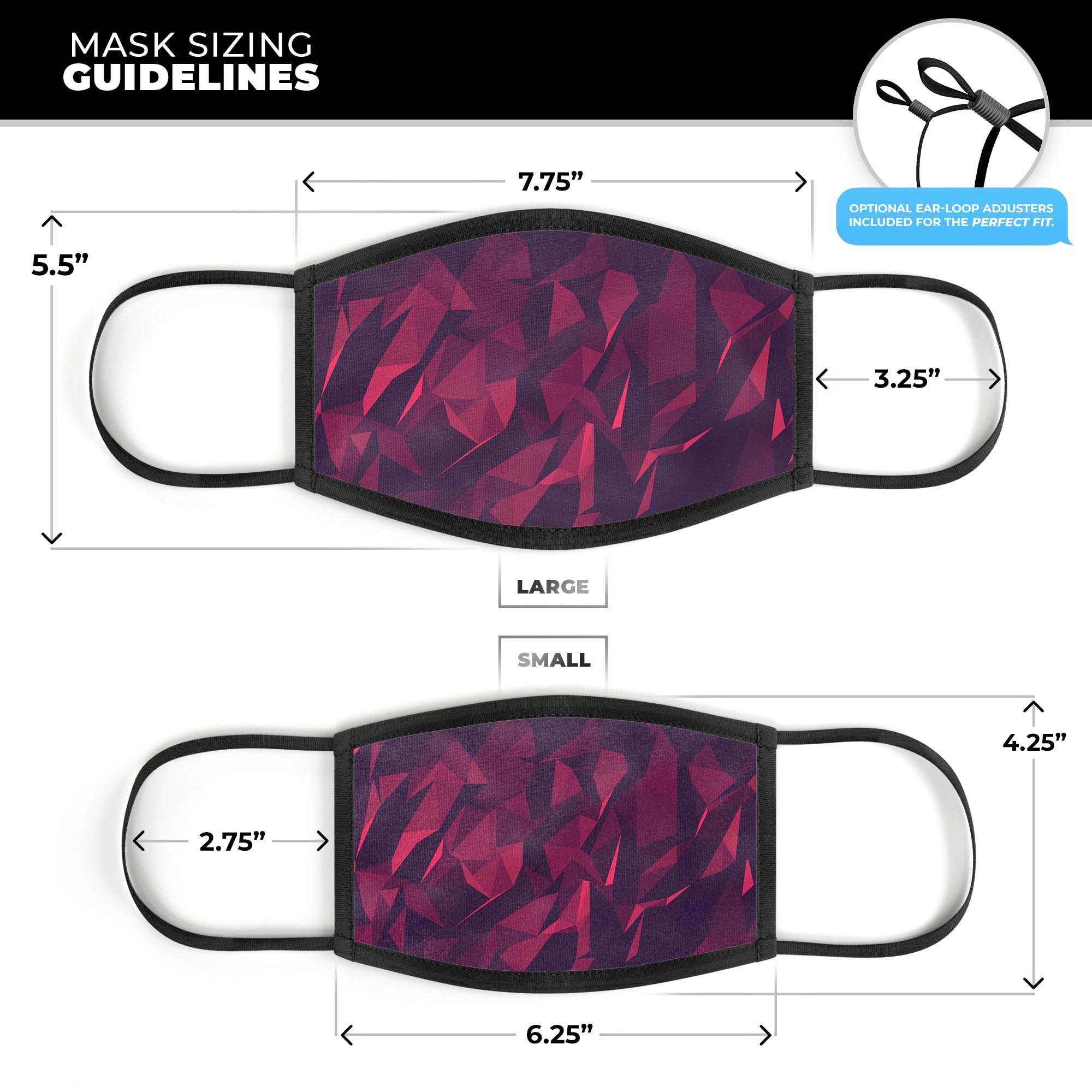 Red chiseled geometric shapes face mask, showcasing vibrant design and adjustable ear loops for a comfortable fit.