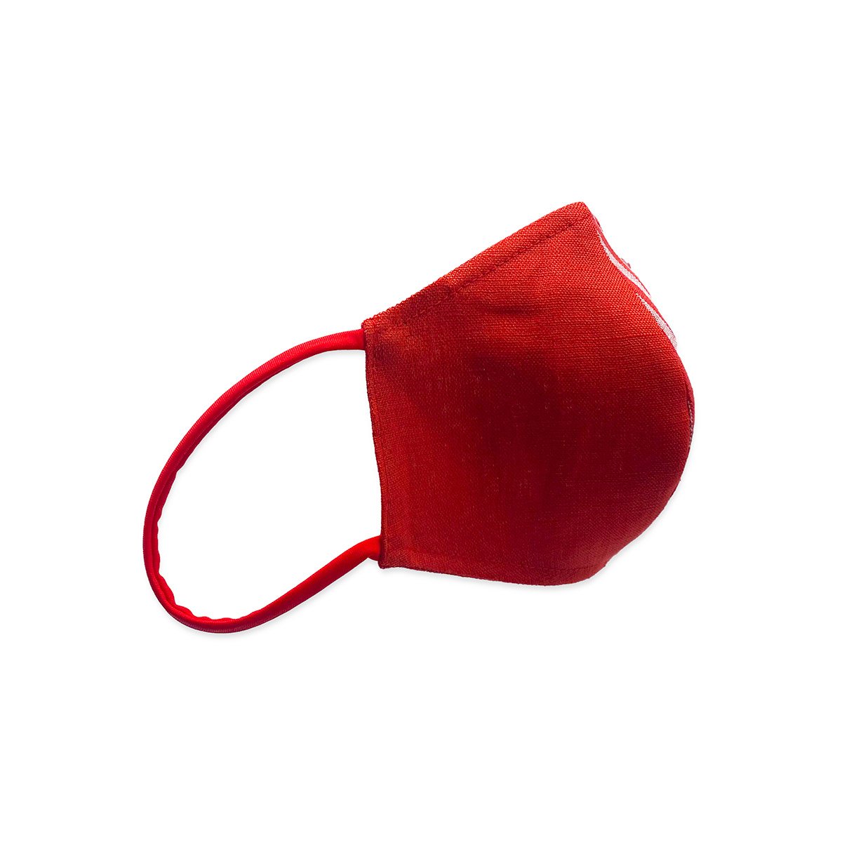 Handmade red face mask made from 100% organic linen with a pocket filter, adjustable elastic loops, and moldable nose bridge.