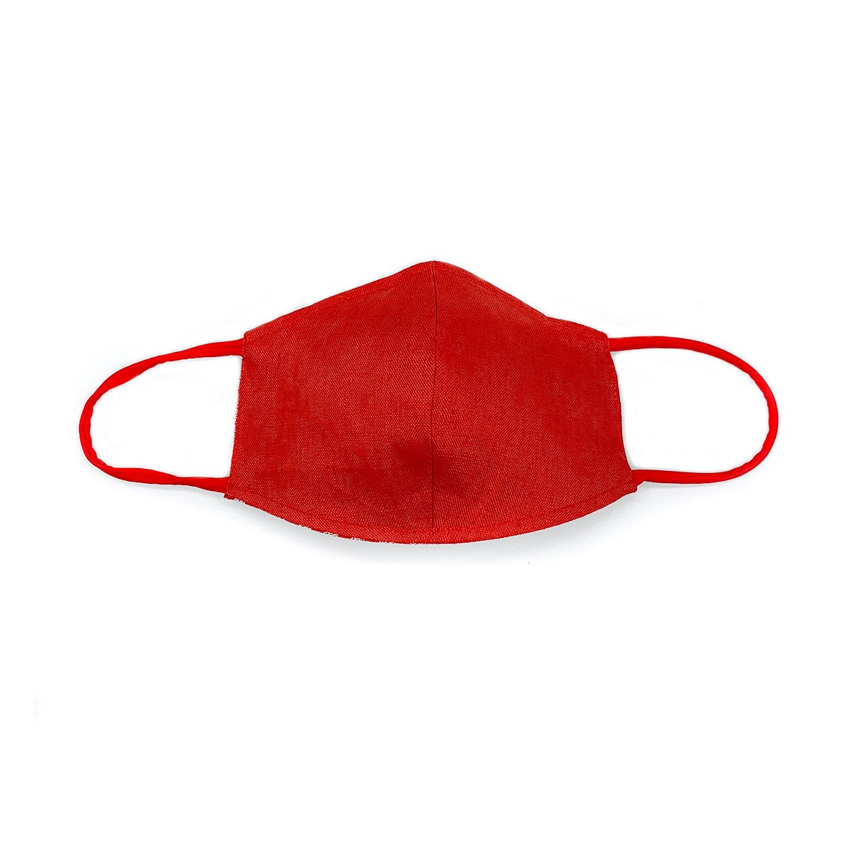 Handmade red face mask made from 100% organic linen with a pocket filter, adjustable elastic loops, and moldable nose bridge.