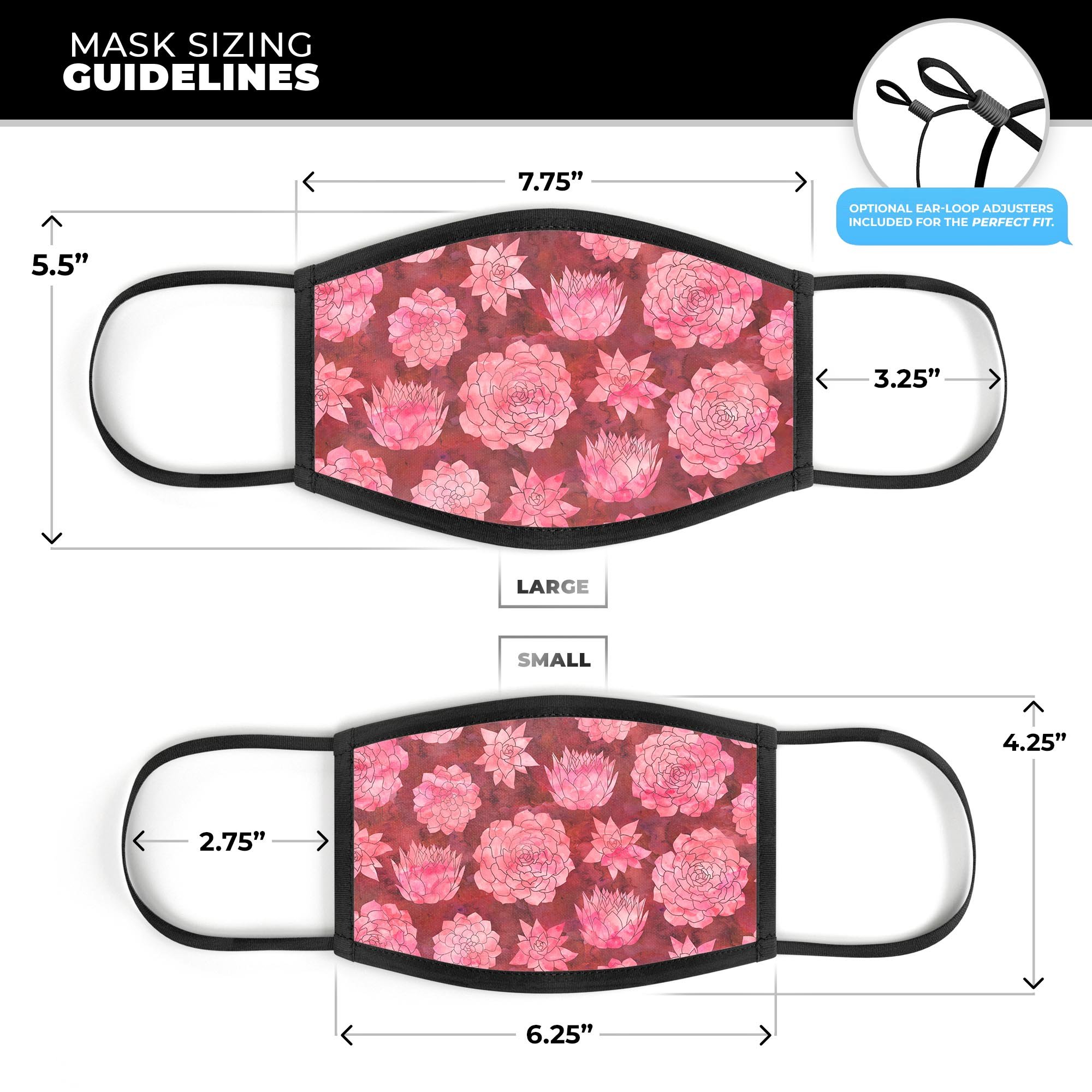 Red Floral Succulents face mask, featuring a vibrant floral design, adjustable ear-loops, and made from soft cotton for comfort.