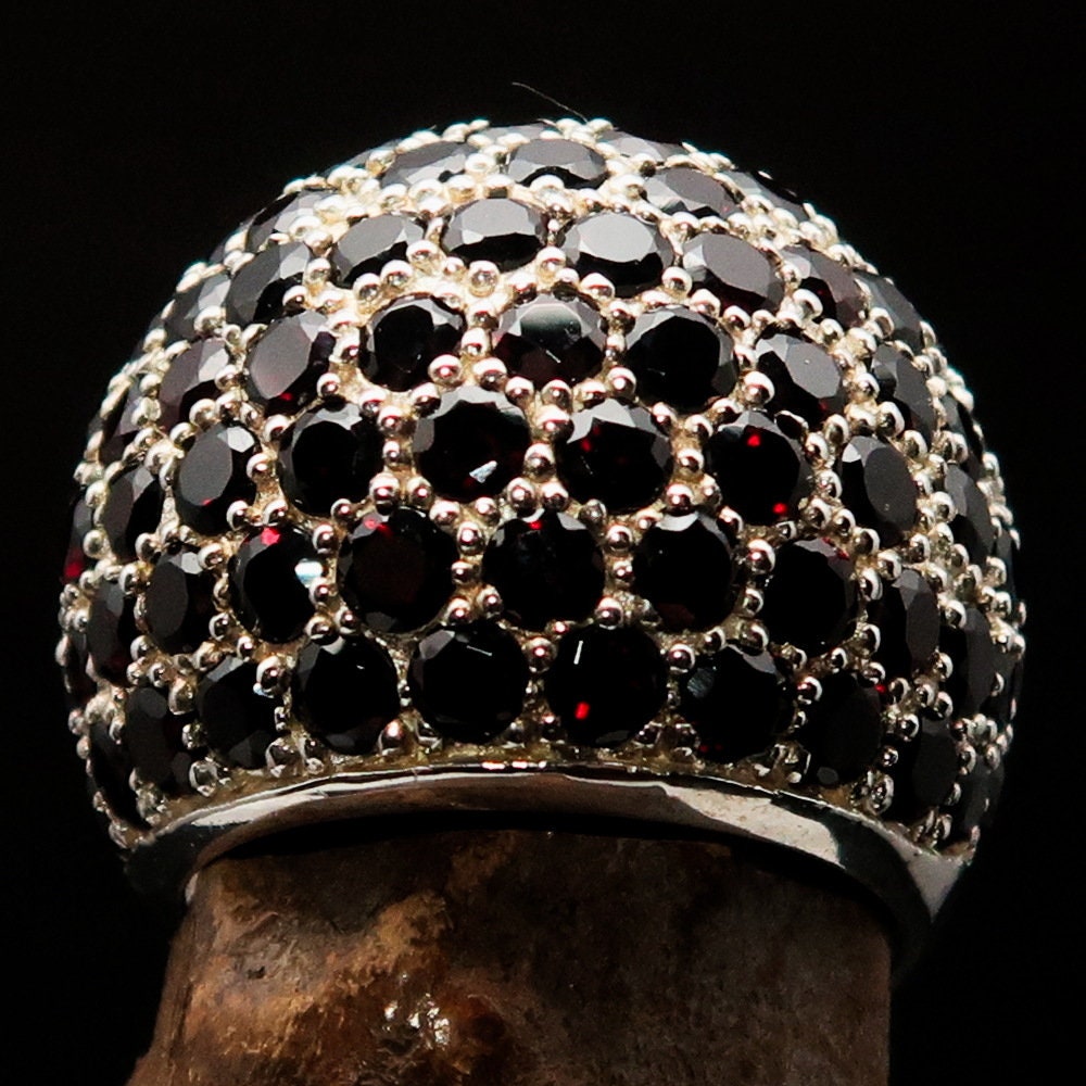 Handmade sterling silver ring featuring 86 round 3mm red garnets in a stunning sphere design.