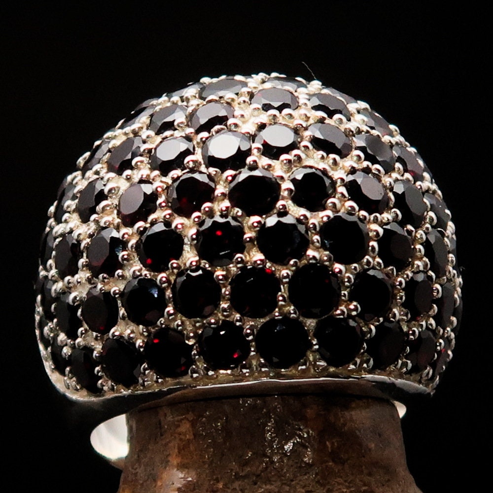Handmade sterling silver ring featuring 86 round 3mm red garnets in a stunning sphere design.