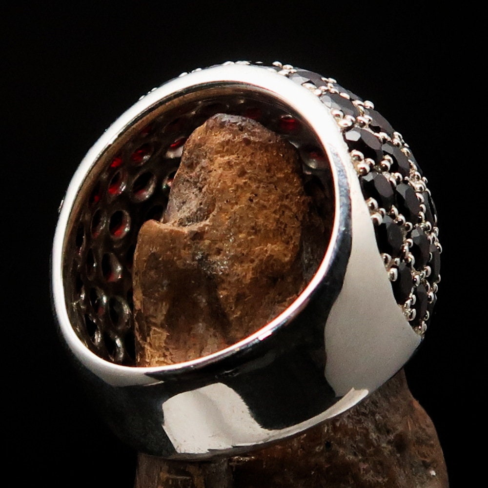 Handmade sterling silver ring featuring 86 round 3mm red garnets in a stunning sphere design.