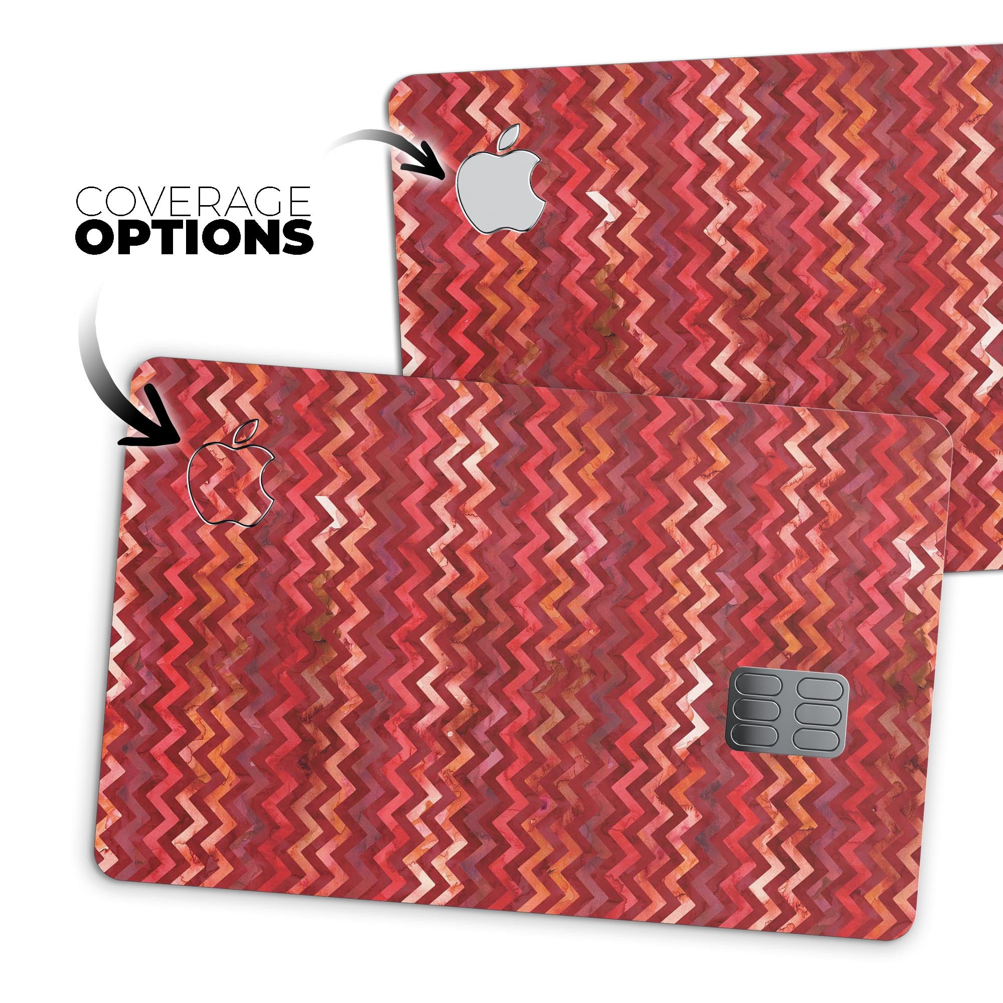 Red Multi Watercolor Chevron decal skin for Apple Card, showcasing vibrant colors and a protective design.