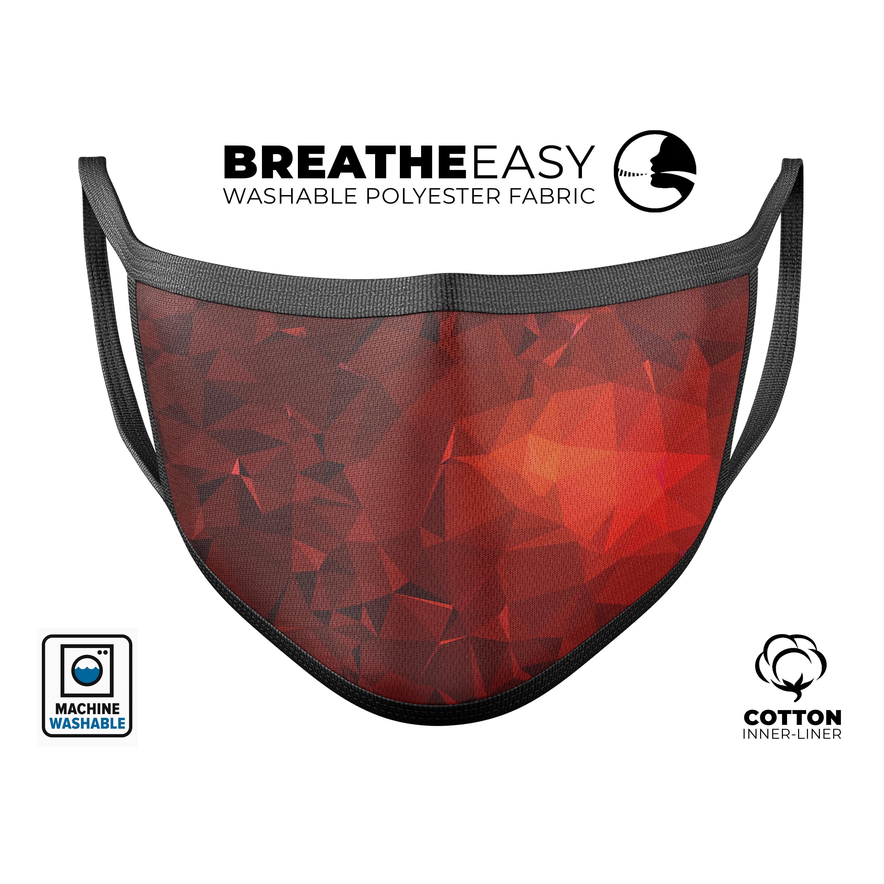 Red Orange Geometric V13 mouth cover, unisex design, made in the USA, featuring adjustable ear-loops and a soft cotton interior.