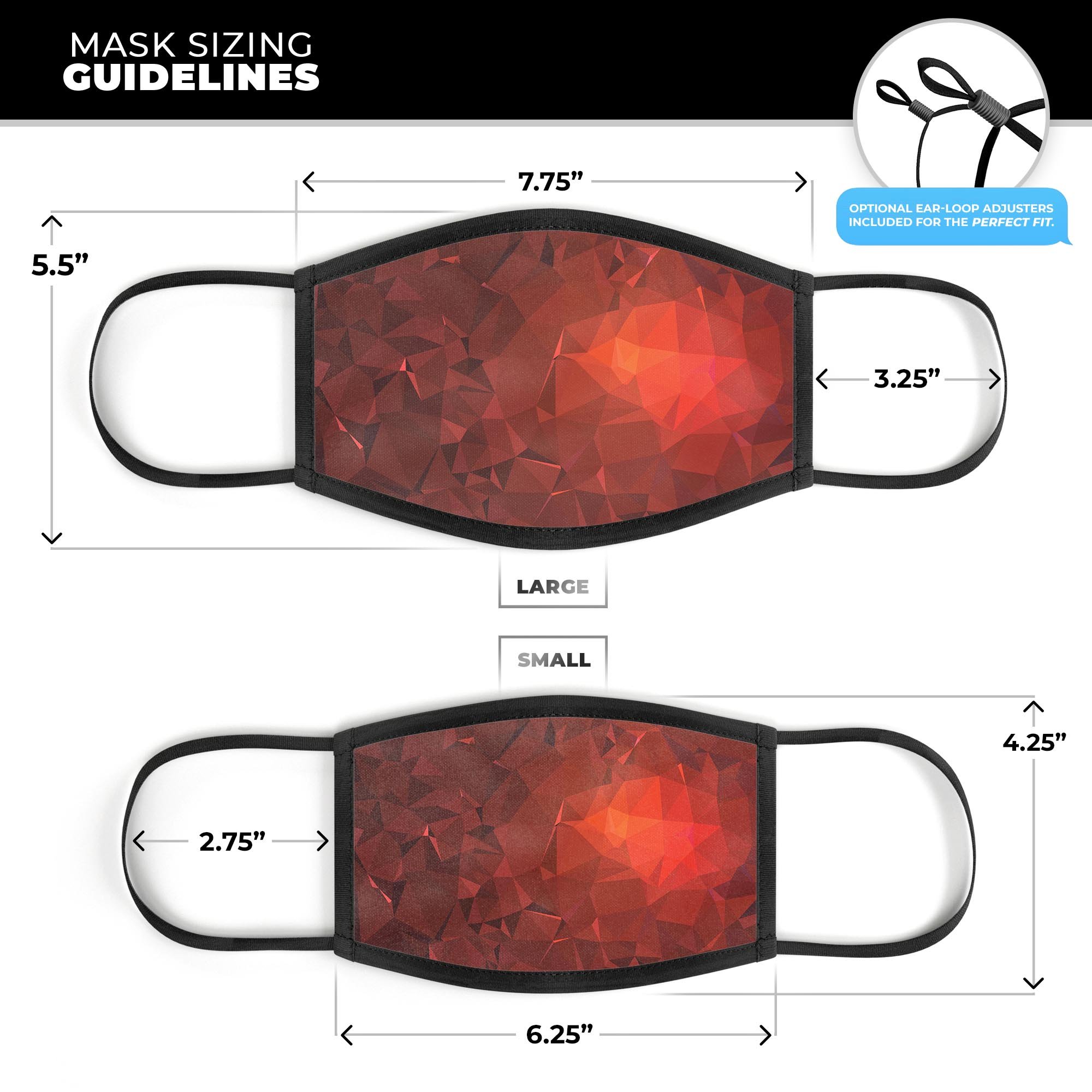 Red Orange Geometric V13 mouth cover, unisex design, made in the USA, featuring adjustable ear-loops and a soft cotton interior.