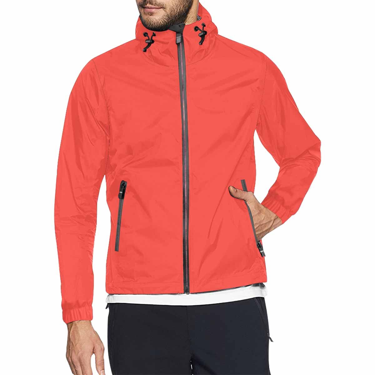 A vibrant red and orange hooded windbreaker jacket for men and women, featuring a zippered front and pockets, designed for wind resistance.