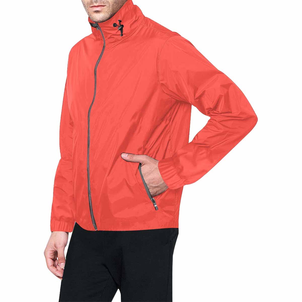 A vibrant red and orange hooded windbreaker jacket for men and women, featuring a zippered front and pockets, designed for wind resistance.