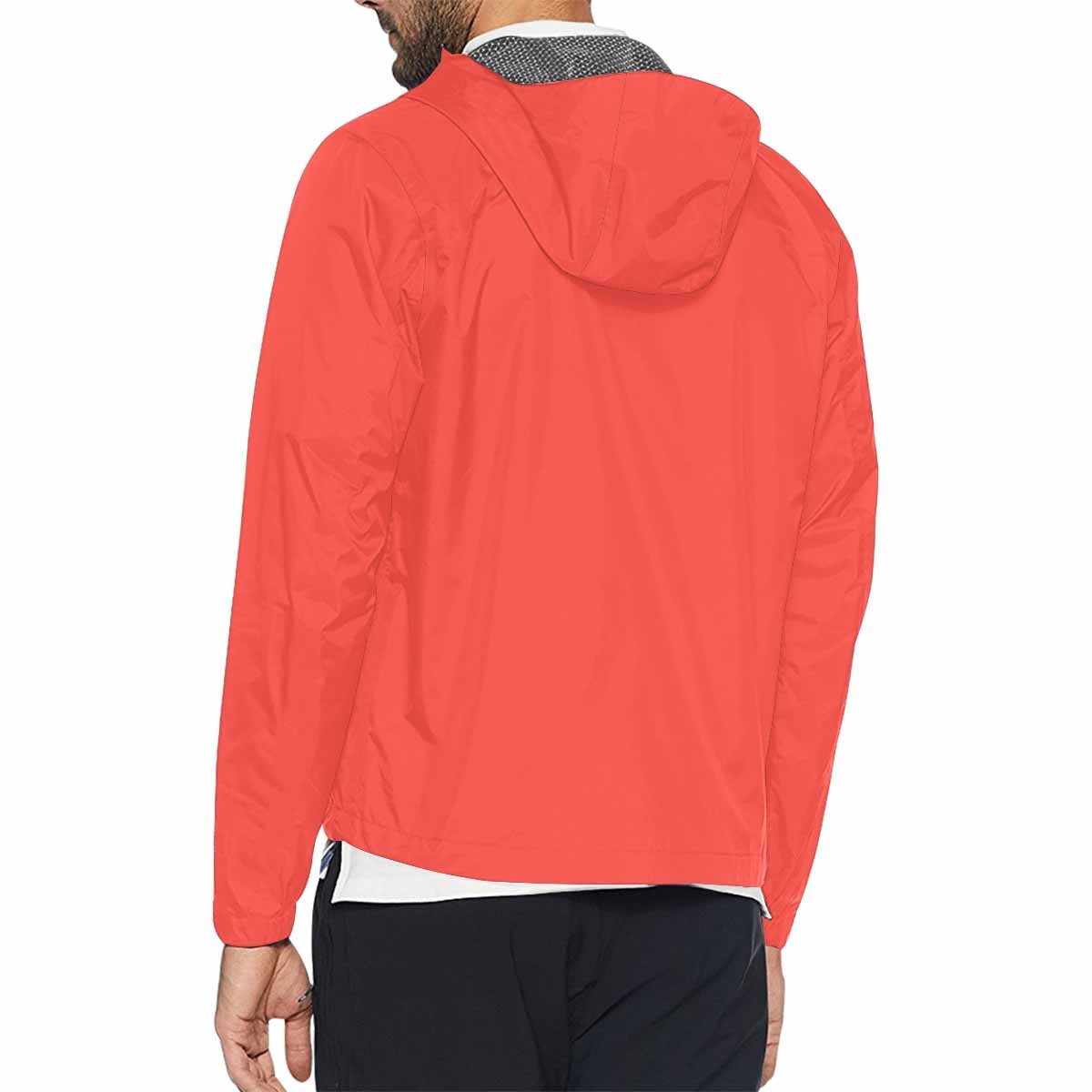 A vibrant red and orange hooded windbreaker jacket for men and women, featuring a zippered front and pockets, designed for wind resistance.