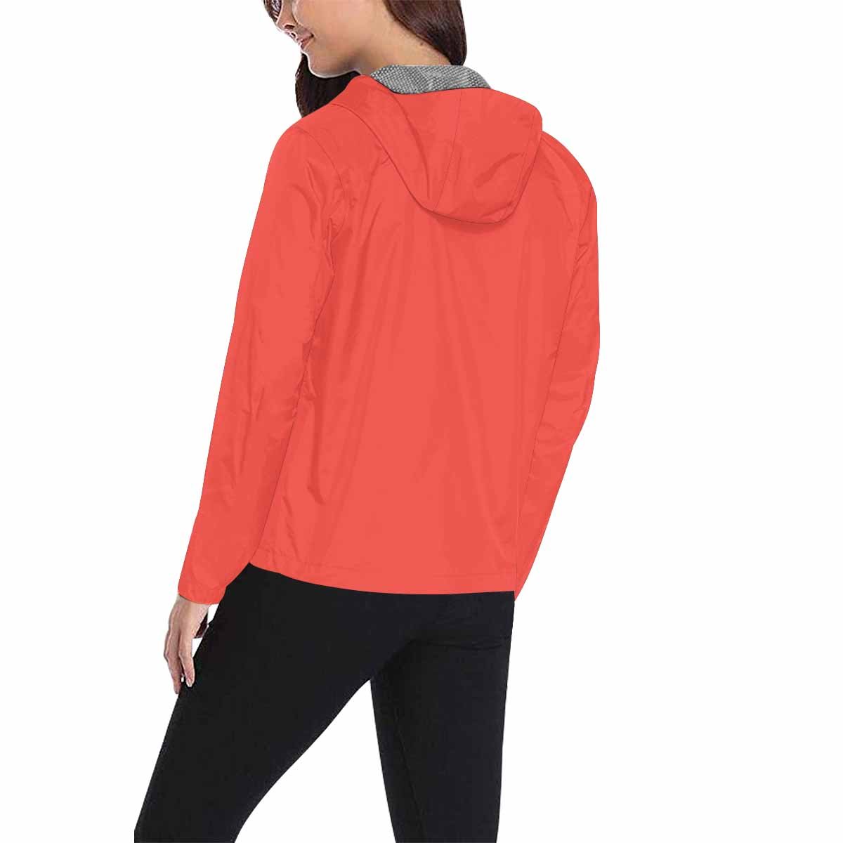 A vibrant red and orange hooded windbreaker jacket for men and women, featuring a zippered front and pockets, designed for wind resistance.