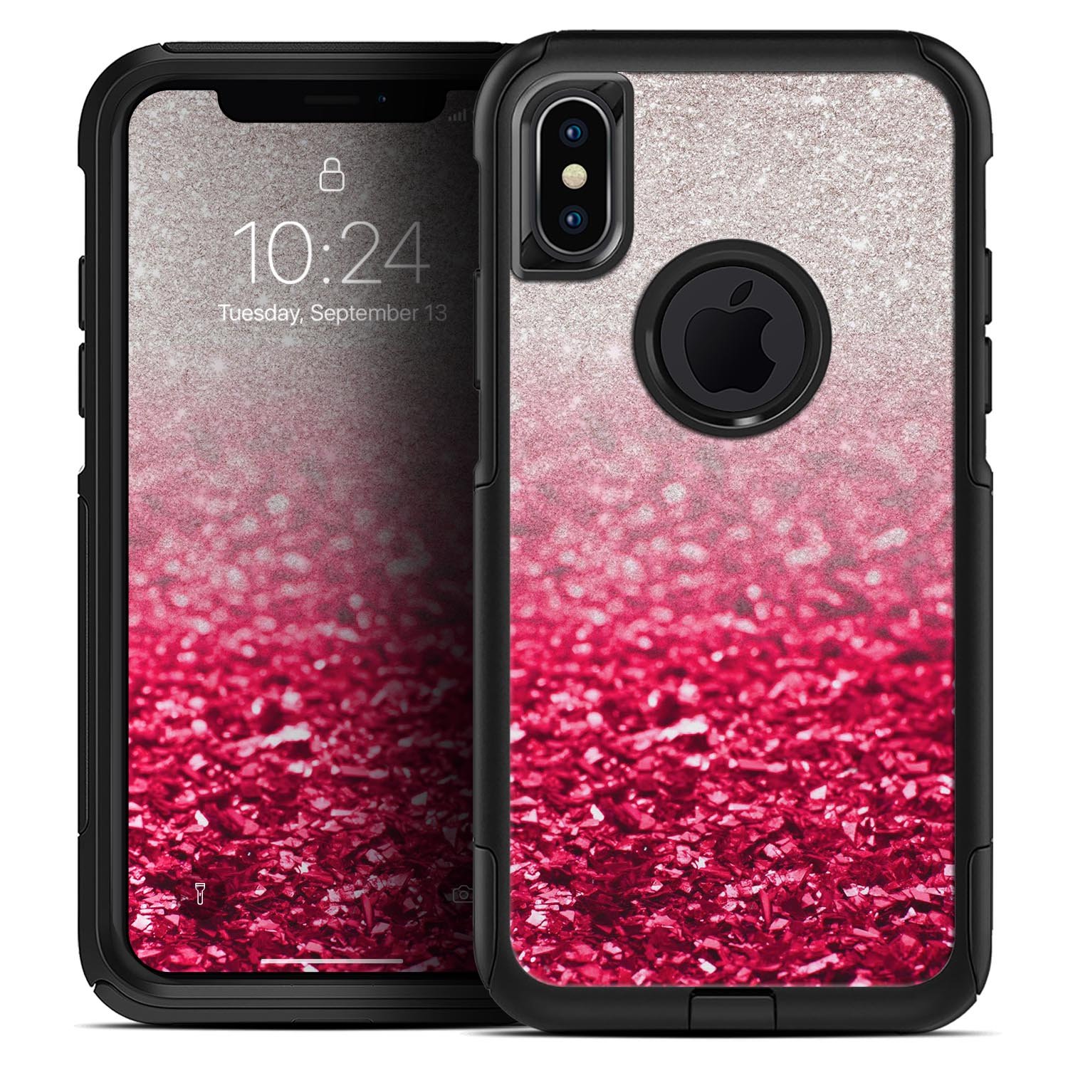 Red and silver glimmer fade skin kit for iPhone OtterBox cases, showcasing vibrant colors and sleek design.