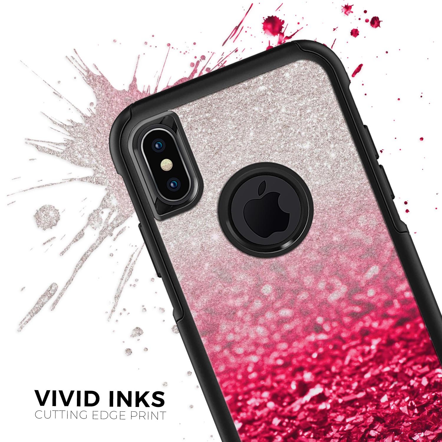 Red and silver glimmer fade skin kit for iPhone OtterBox cases, showcasing vibrant colors and sleek design.