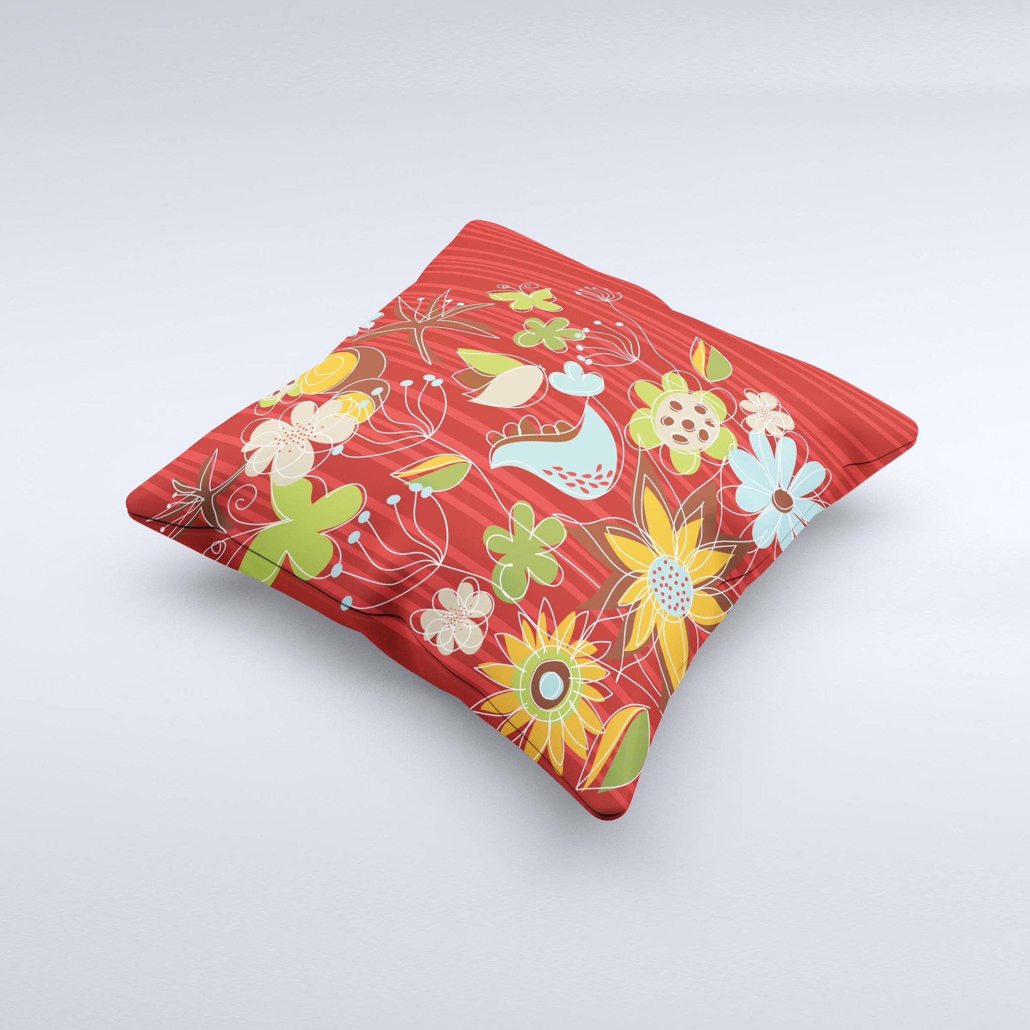 A vibrant red striped decorative throw pillow featuring a floral design, handcrafted in Virginia with high-quality materials.