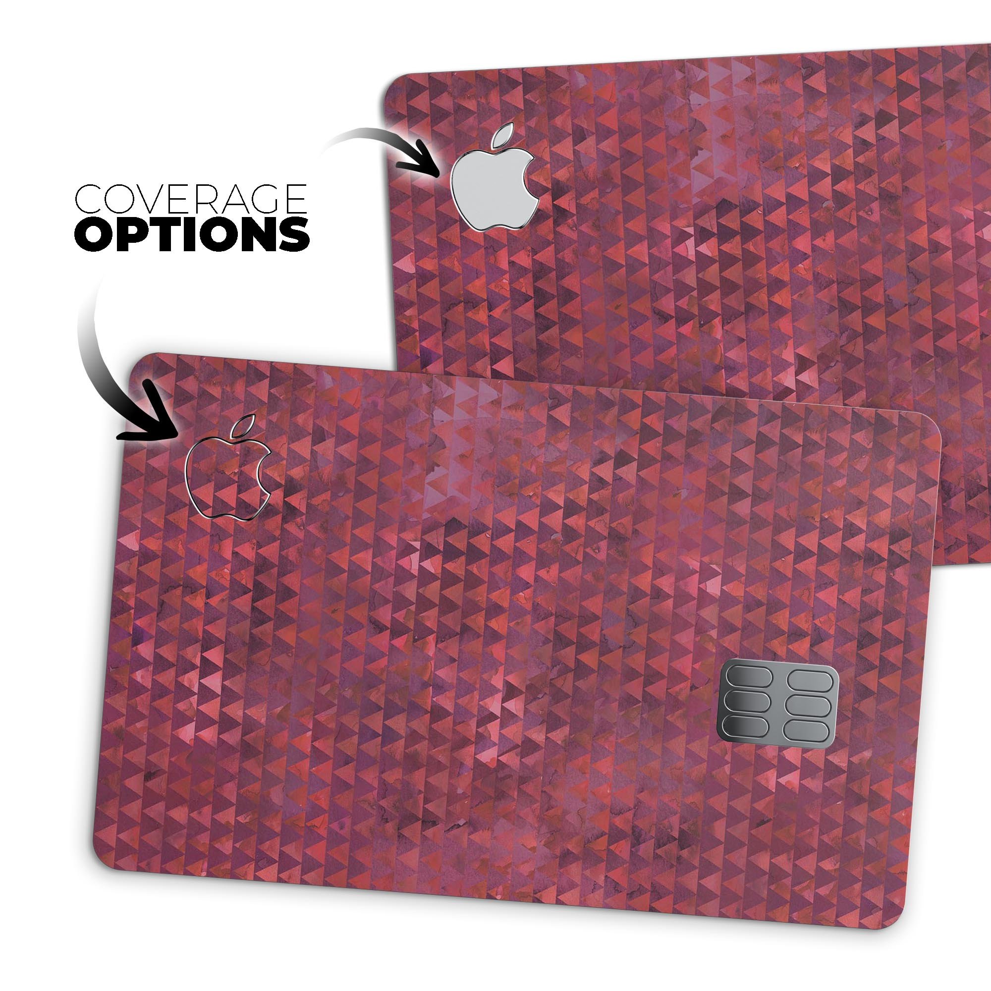 Red textured triangle pattern decal skin for Apple Card, showcasing premium vinyl material and stylish design.