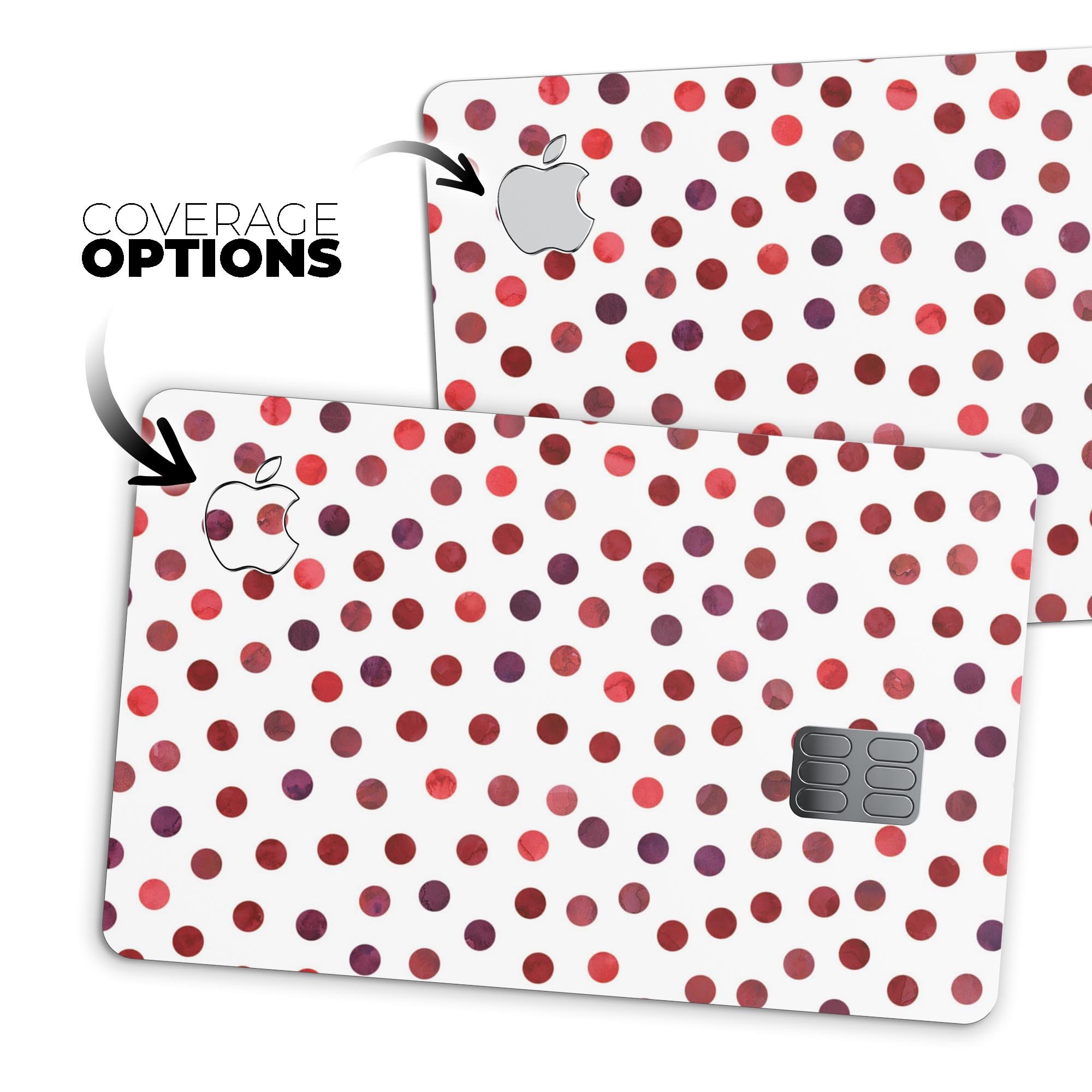 Red Watercolor Dots skin decal for Apple Card, showcasing vibrant colors and a protective design.