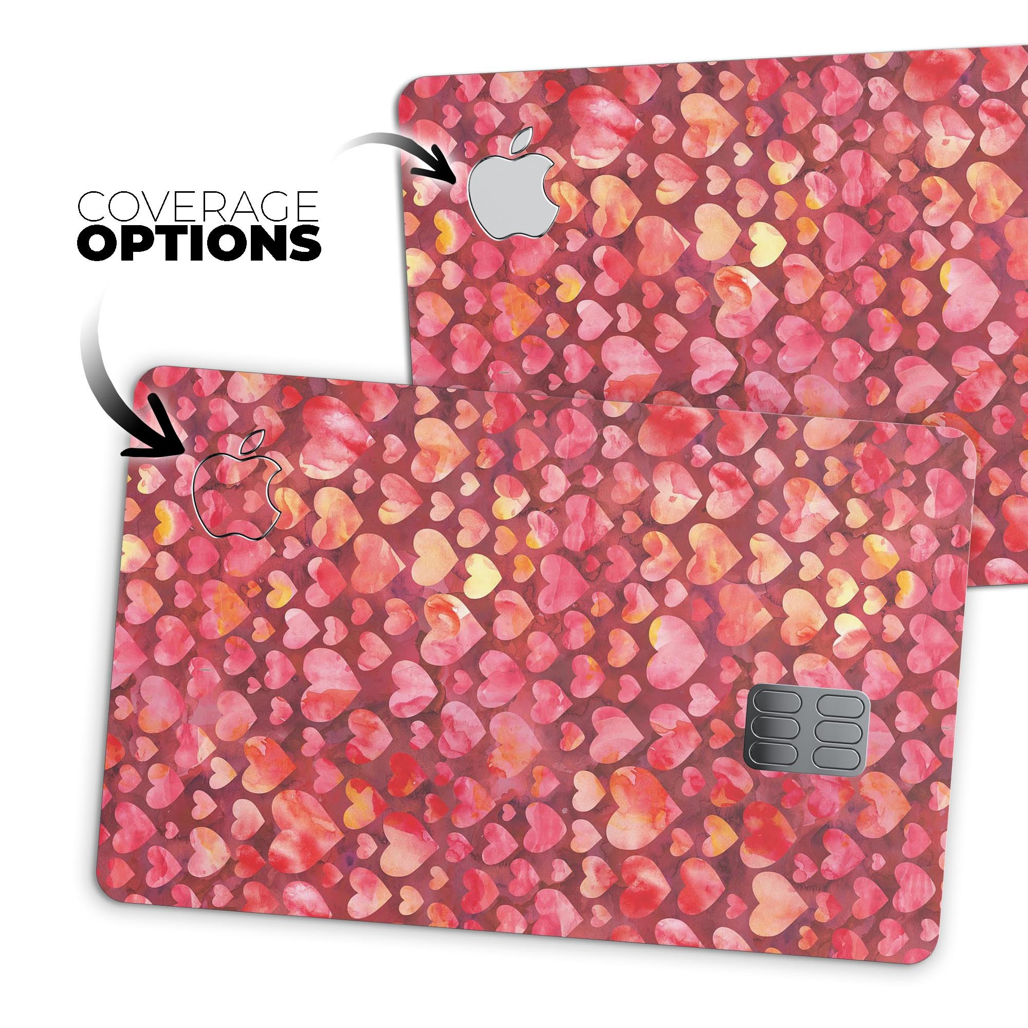Red Watercolor Hearts decal skin for Apple Card, showcasing vibrant colors and artistic design.